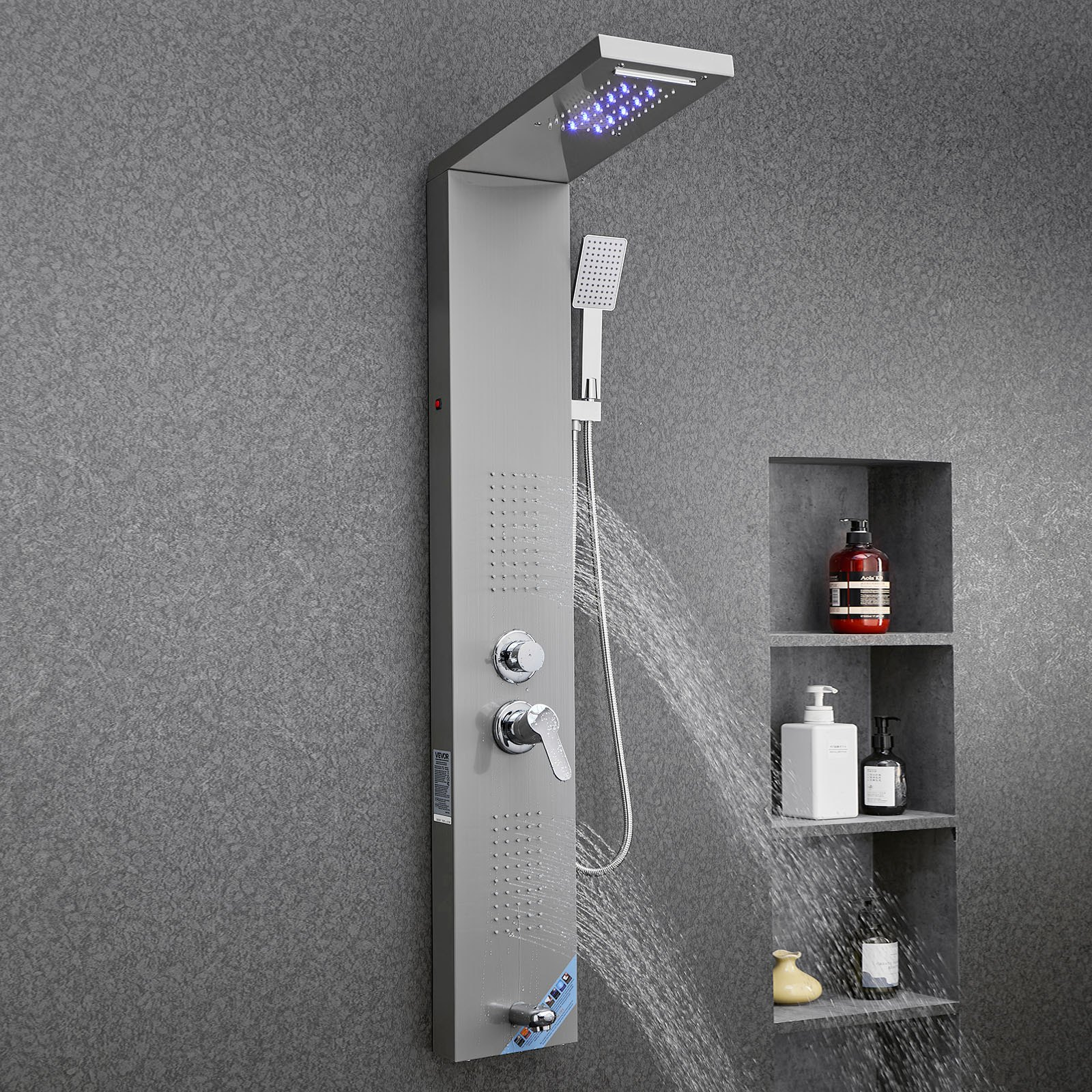 Shower Panel Tower System Stainless Steel Column Rainfall Waterfall Head 5 Modes
