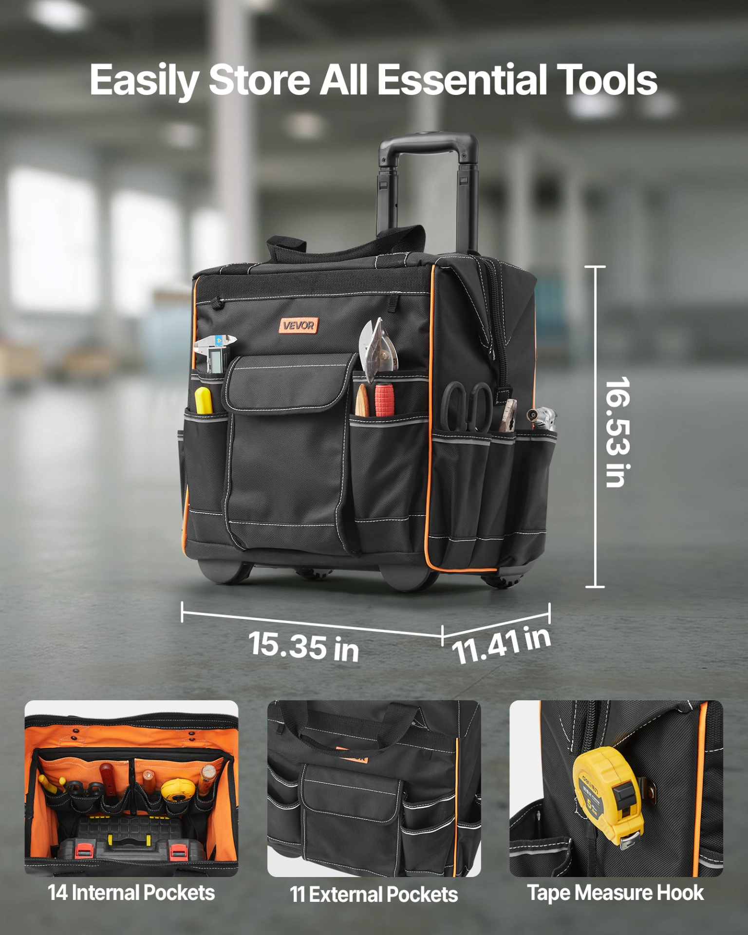 Rolling Tool Bag 25 Pockets Heavy Duty Roller Tool Bag on Wheels