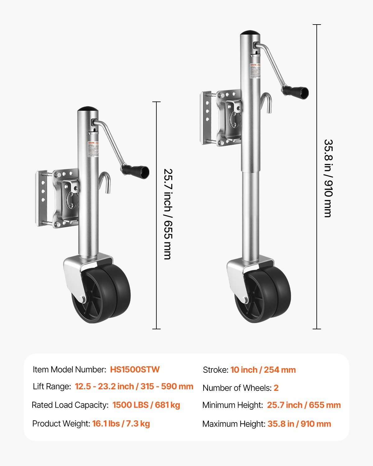 Trailer Jack with Wheel, 1500 lbs Load Capacity, Utility Trailers
