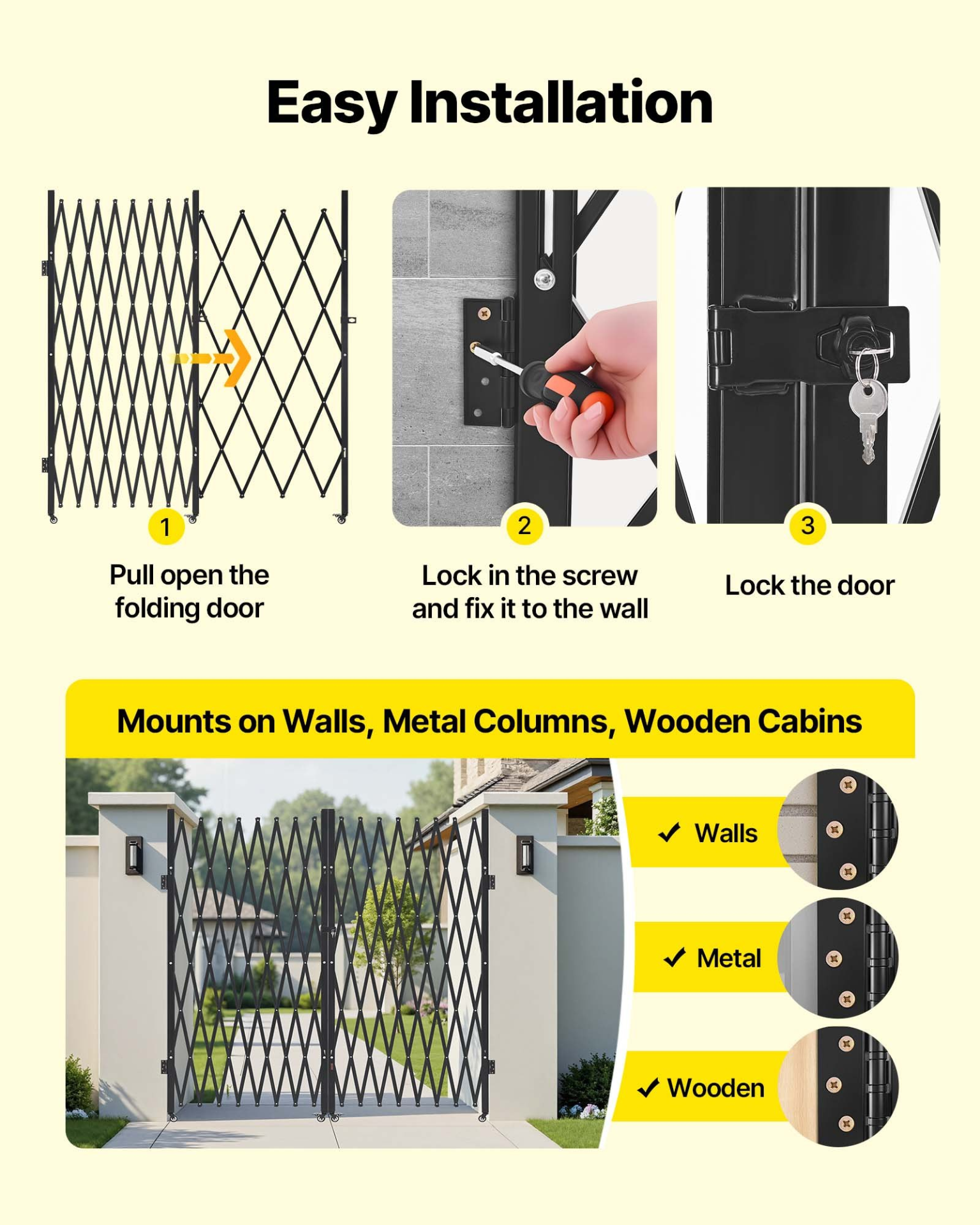 Double Folding Security Gate Steel Scissor Gate w/ Locking Swivel Casters 030
