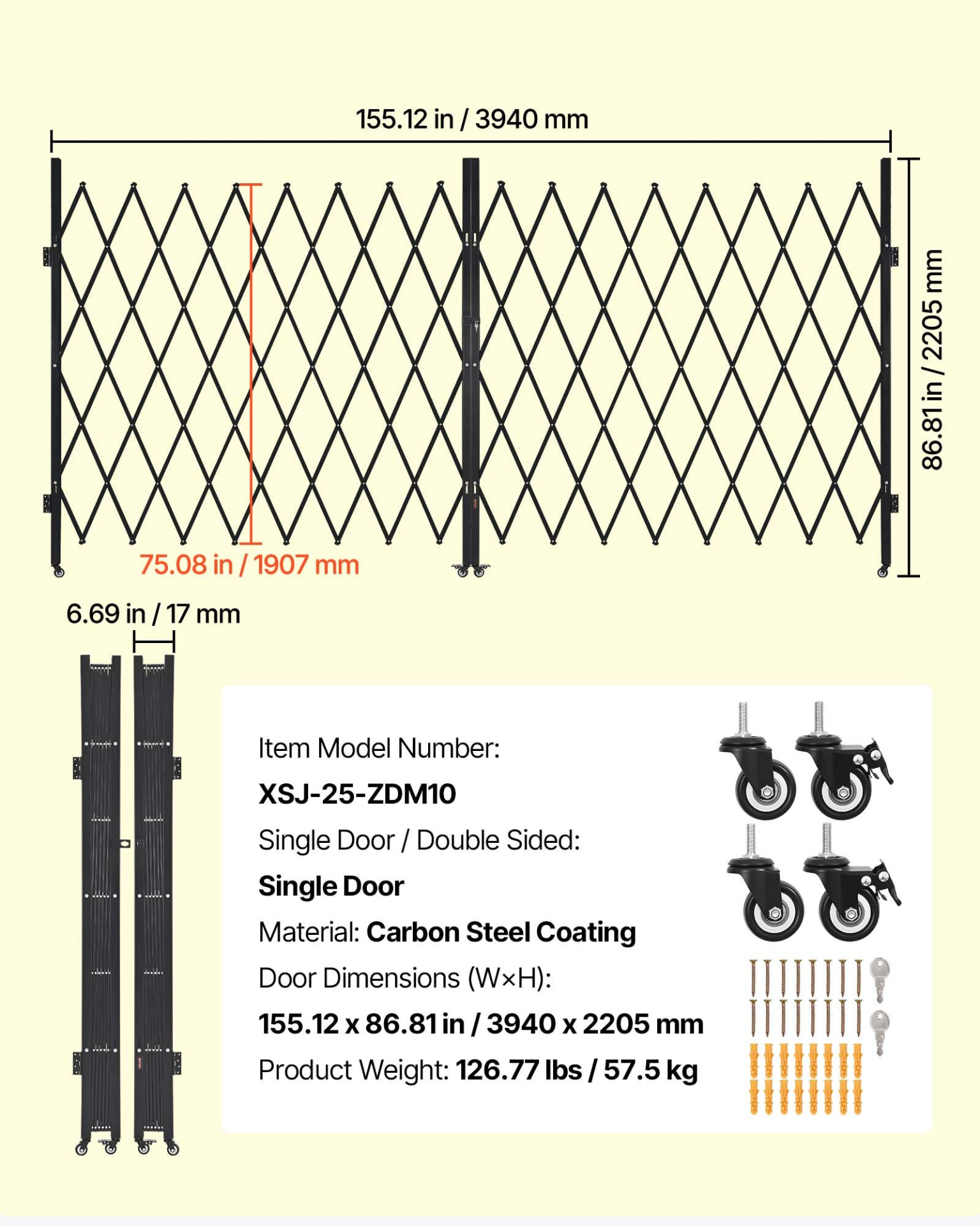 Double Folding Security Gate Steel Scissor Gate w/ Locking Swivel Casters 030