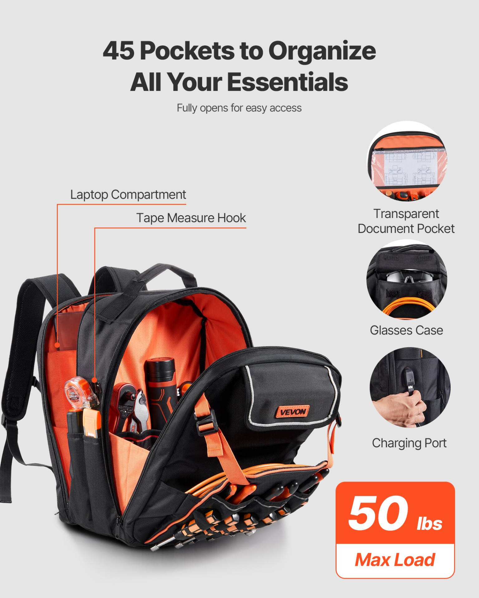 Tool Backpack 45 Pockets Tear-resistant Jobsite Backpack for Electrician