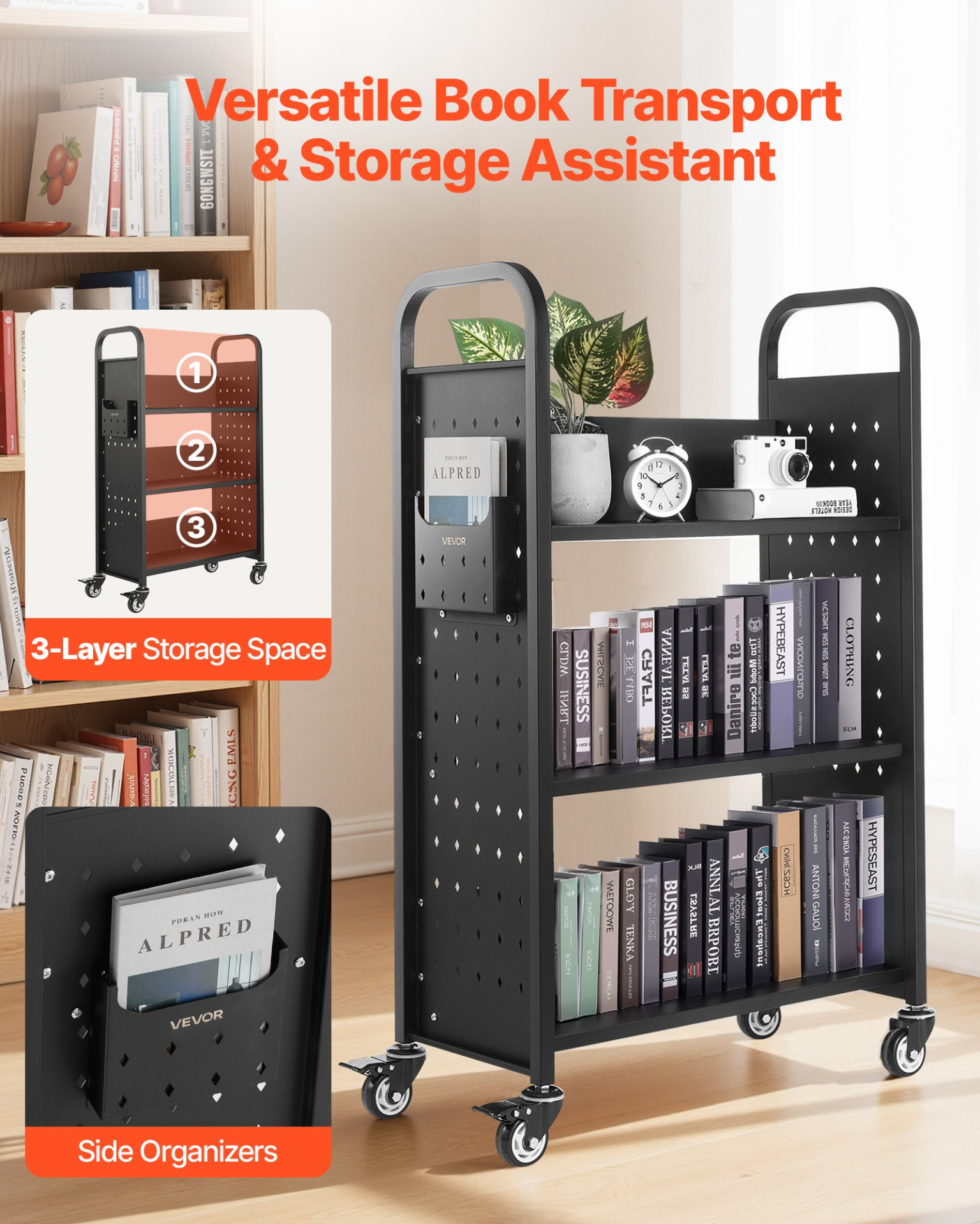 Rolling Library Book Cart, 330 lbs Capacity, Black