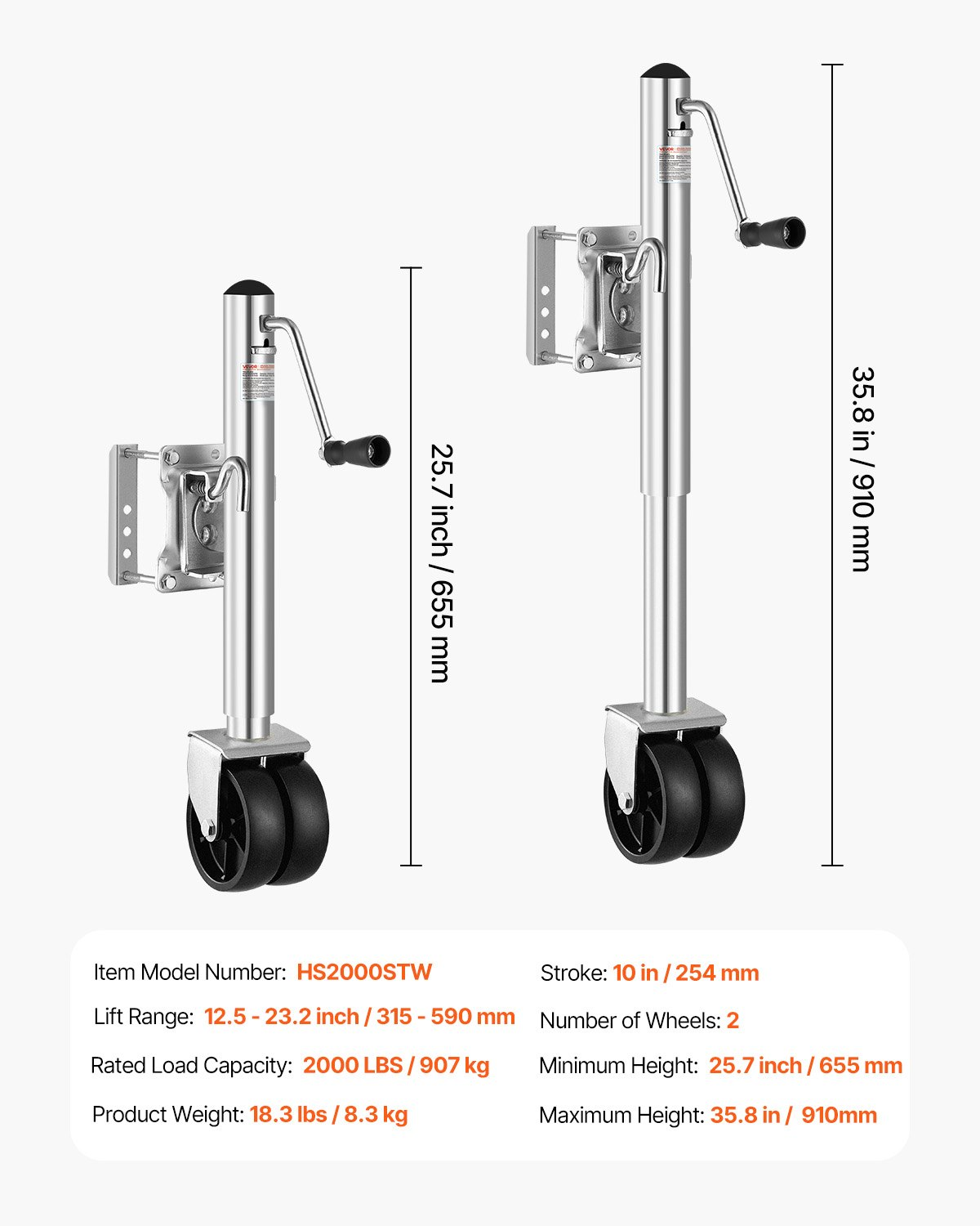 Trailer Jack with Wheel, 2000 lbs Load Capacity, Utility Trailers