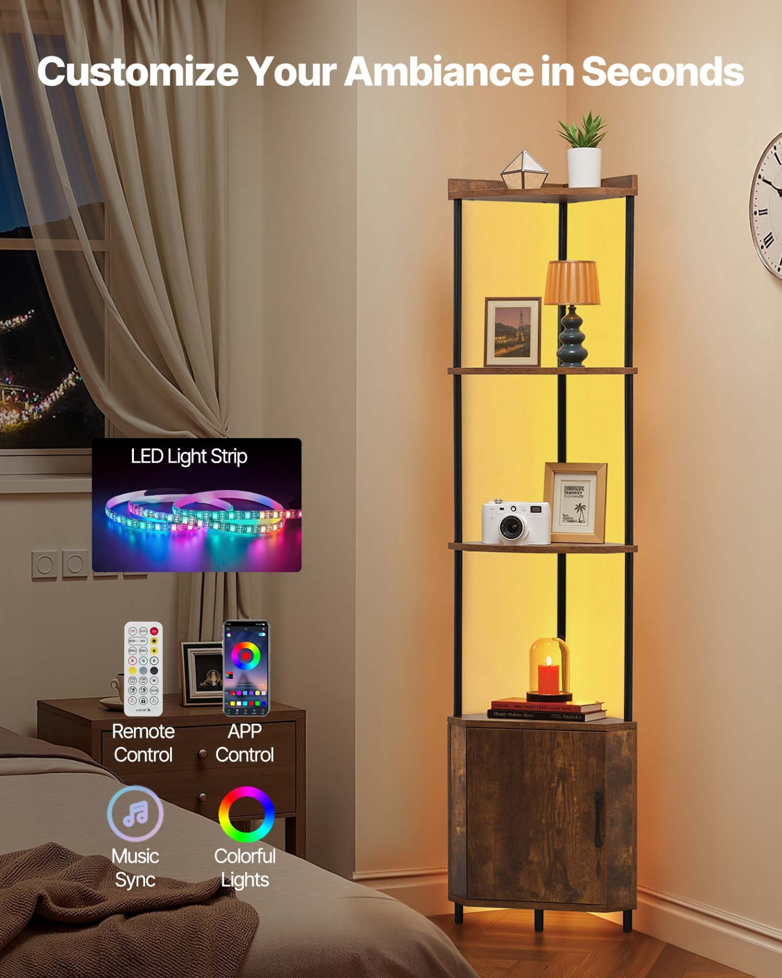 5 Tier Corner Shelf with LED Light, Office