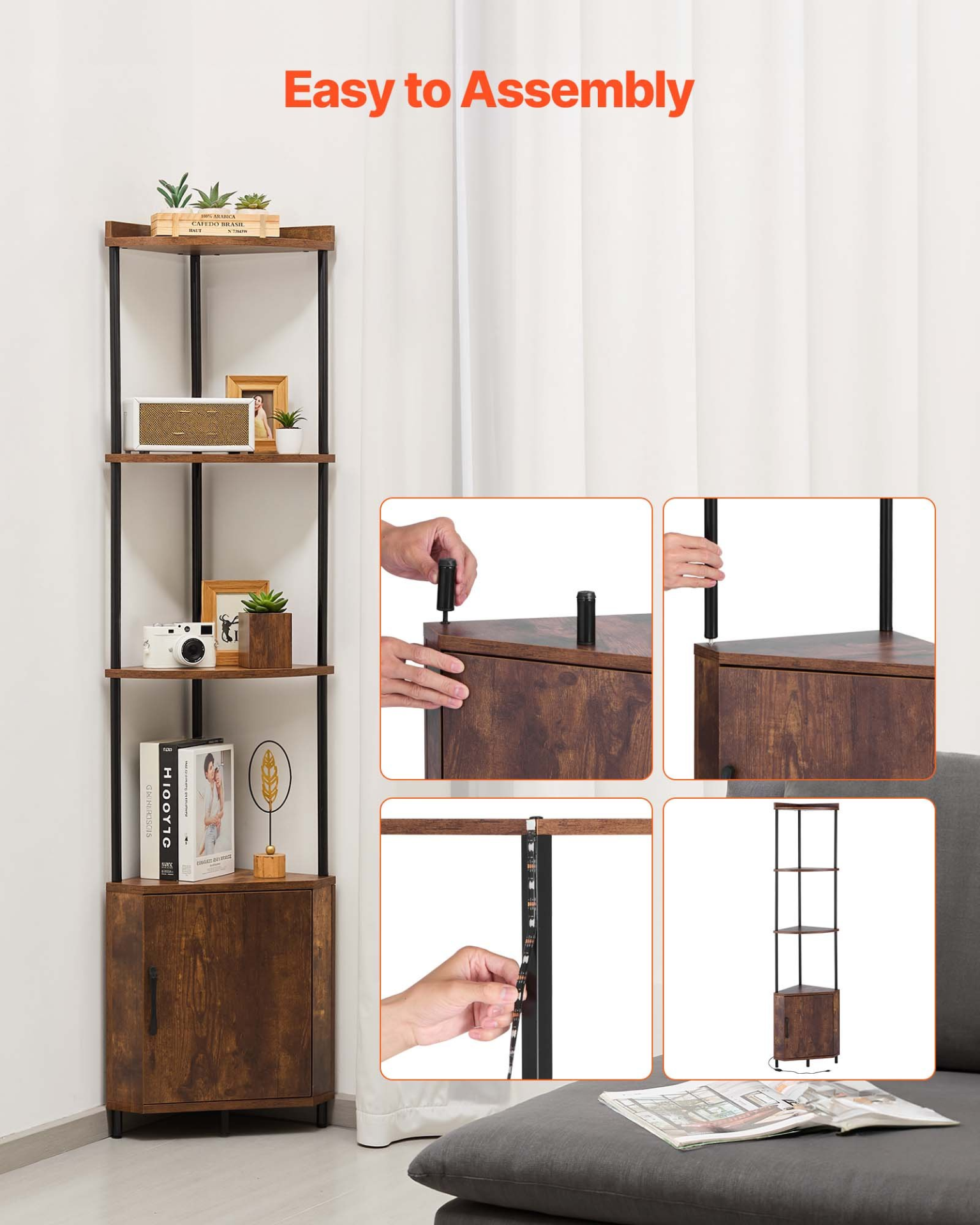5 Tier Corner Shelf with LED Light, Office