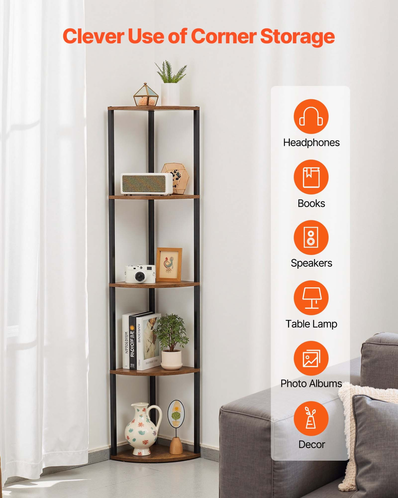 5 Tier Corner Shelf with LED Light, Office