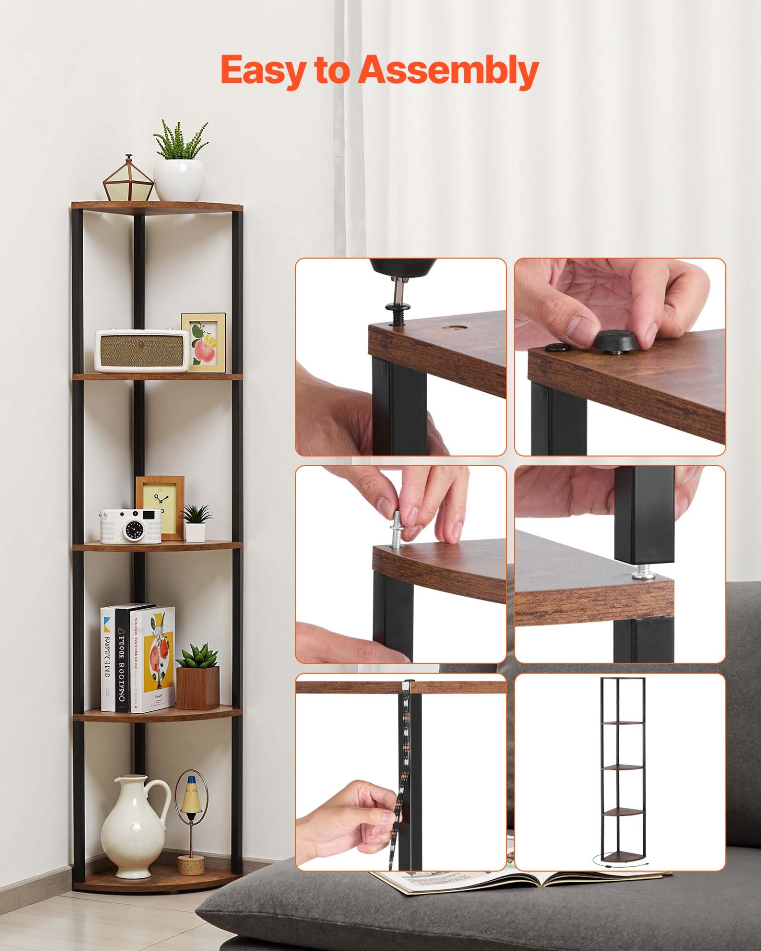 5 Tier Corner Shelf with LED Light, Office