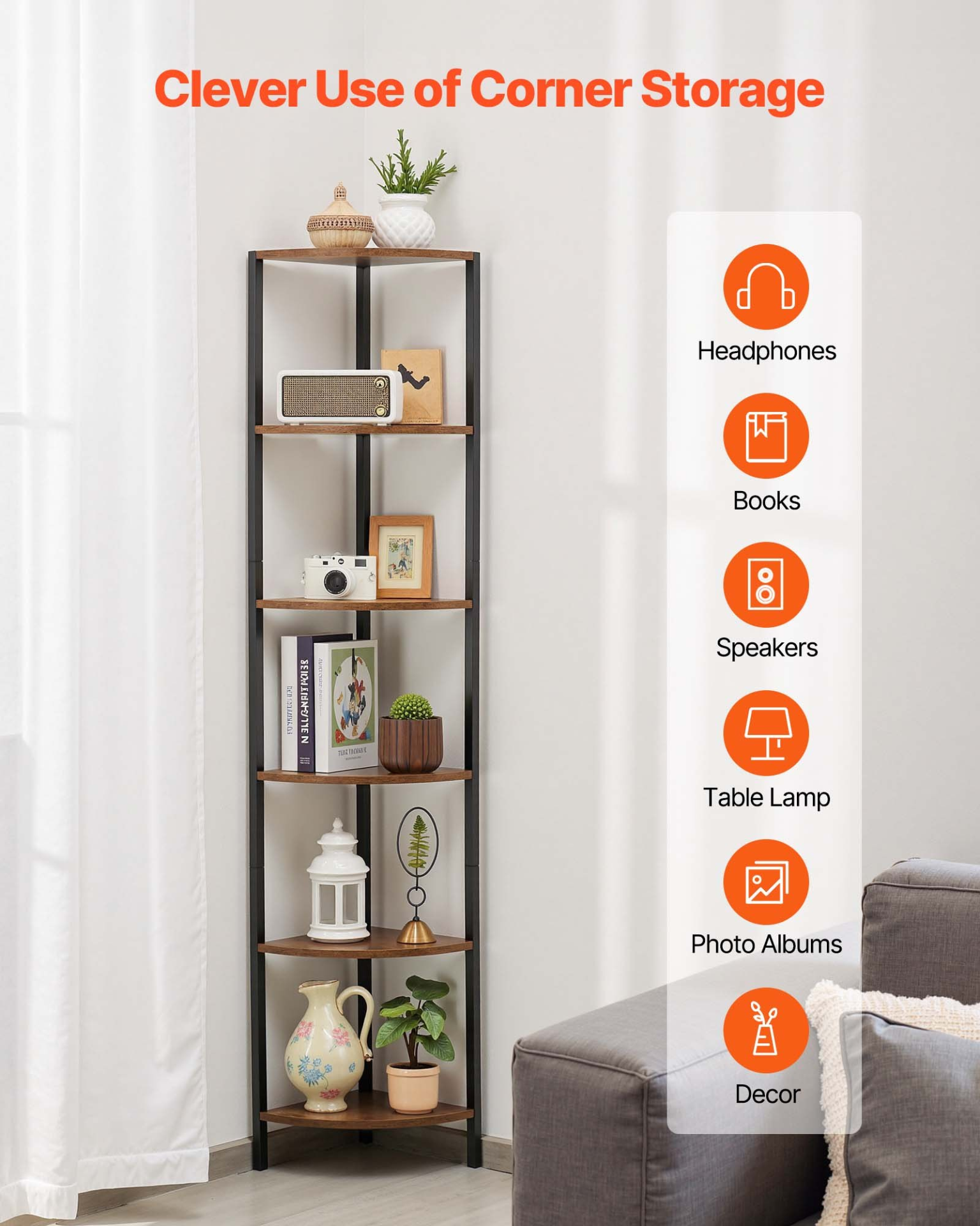 6 Tier Corner Shelf with LED Light, Office