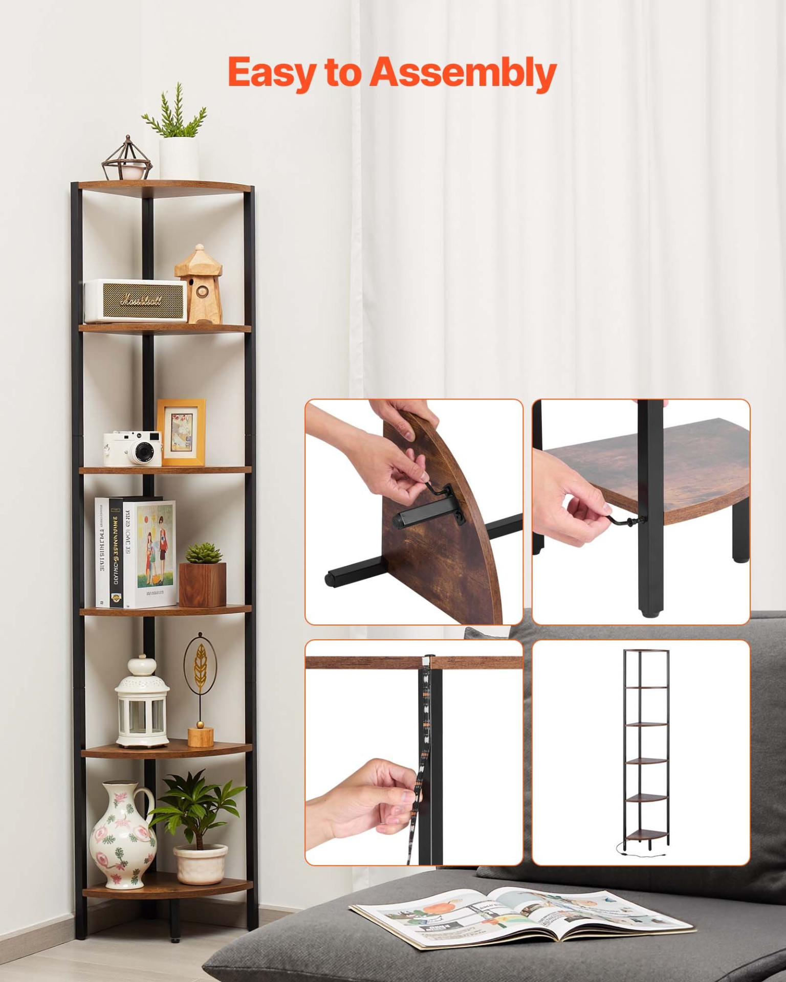 6 Tier Corner Shelf with LED Light, Office