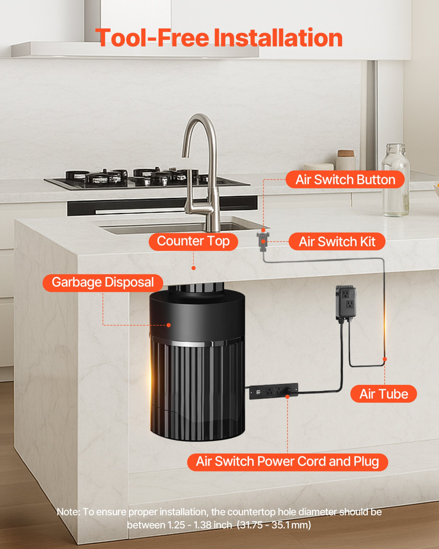 Garbage Disposal Air Switch Kit Dual Outlet Sink Top Button Brushed Silver