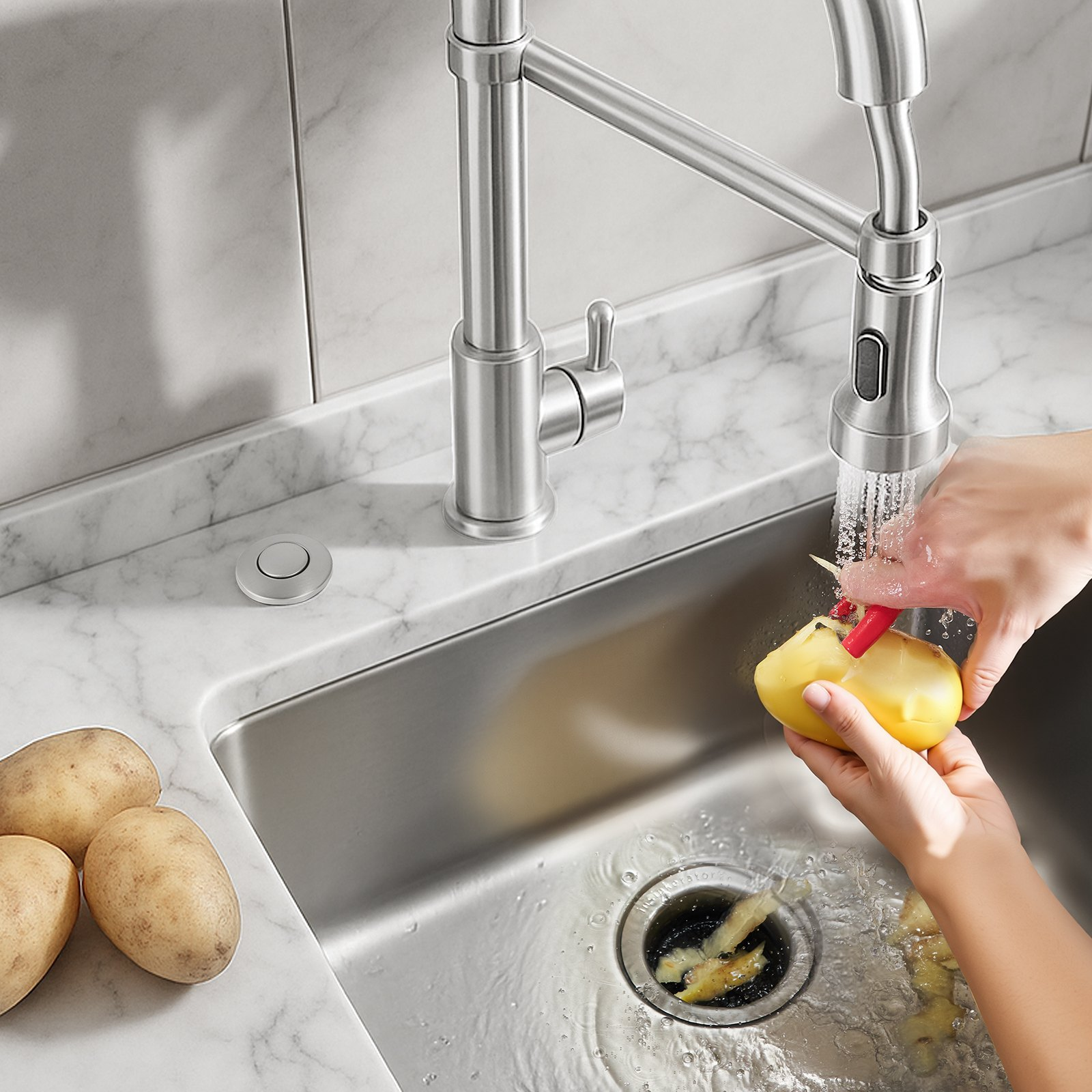 Garbage Disposal Air Switch Kit Dual Outlet Sink Top Button Brushed Silver
