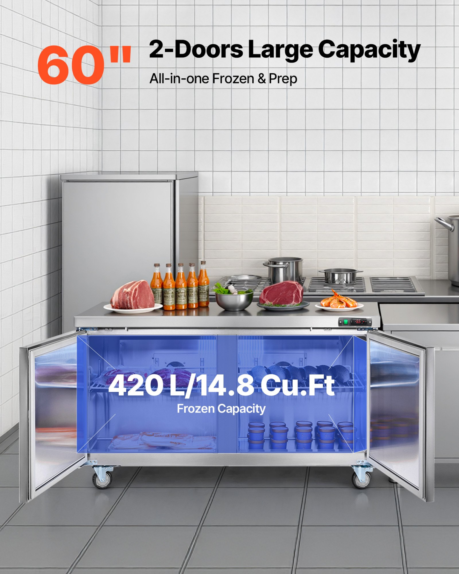 60″ Commercial Worktop Freezer Undercounter 2 Door Stainless Steel