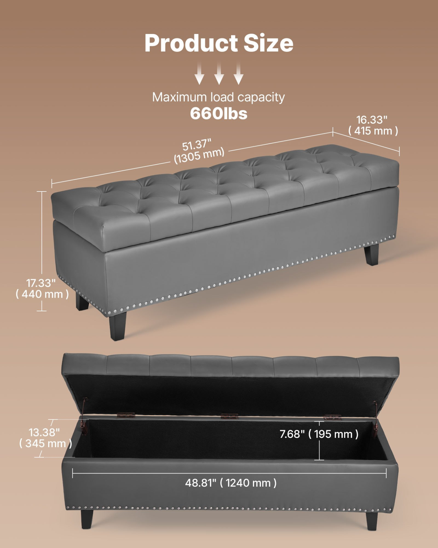 Button-Tufted Storage Ottoman Bench PU Leather Bench with Wood Legs Gray