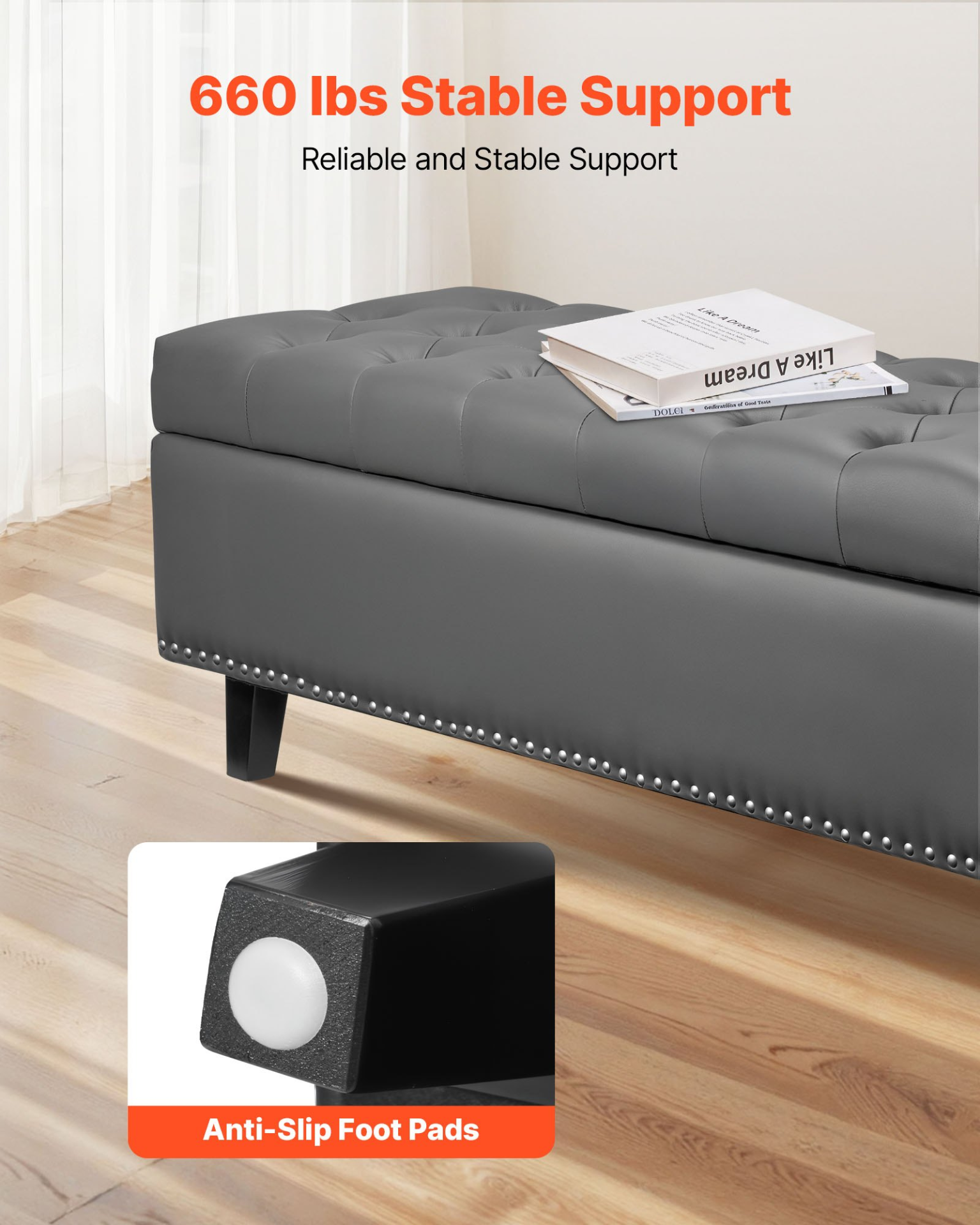 Button-Tufted Storage Ottoman Bench PU Leather Bench with Wood Legs Gray