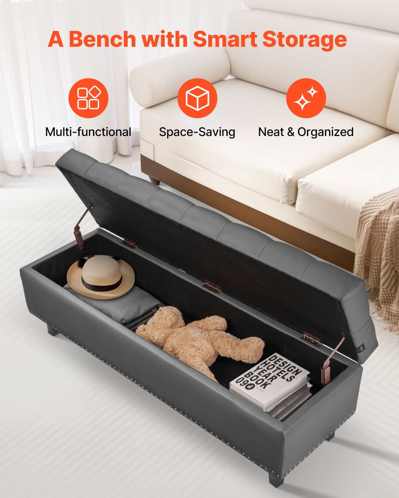 Button-Tufted Storage Ottoman Bench PU Leather Bench with Wood Legs Gray