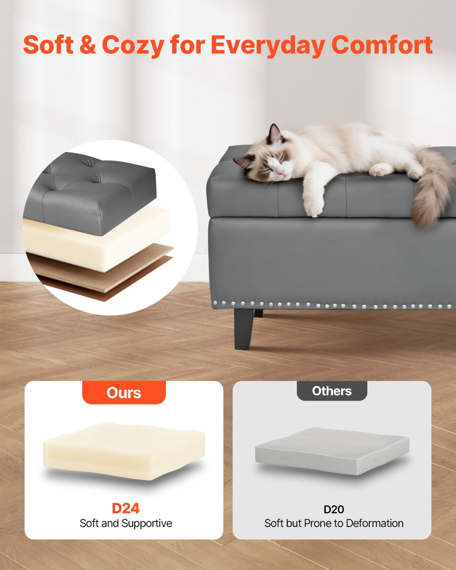 Button-Tufted Storage Ottoman Bench PU Leather Bench with Wood Legs Gray