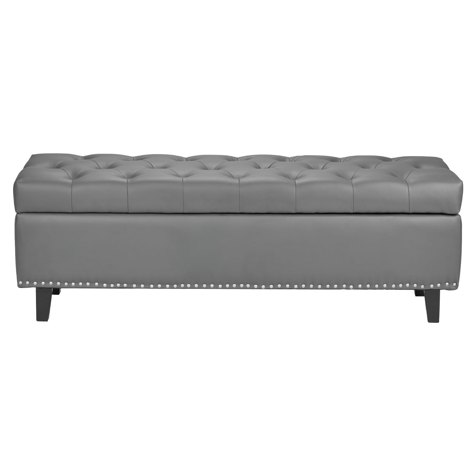 Button-Tufted Storage Ottoman Bench PU Leather Bench with Wood Legs Gray