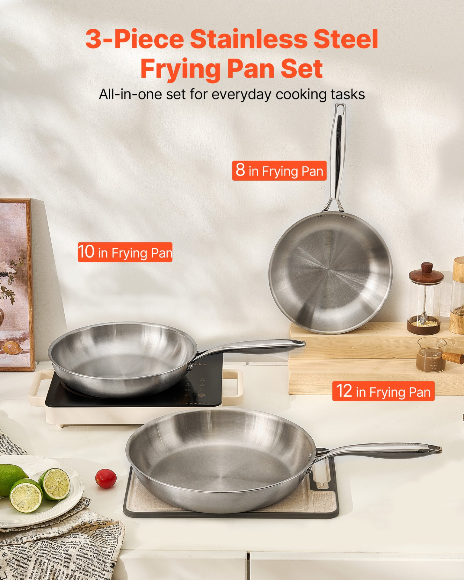 Triply Stainless Steel Frying Pan 3 Pcs Skillet 8 10 12 in for Dishwasher Silver