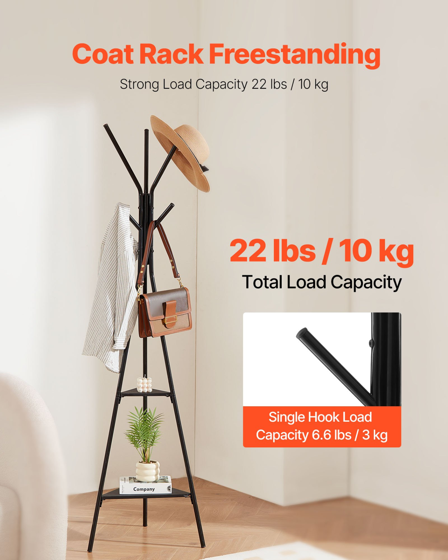 Coat Rack Freestanding Coats Rack Stand with 2 Shelves & 6 Hooks | eBay
