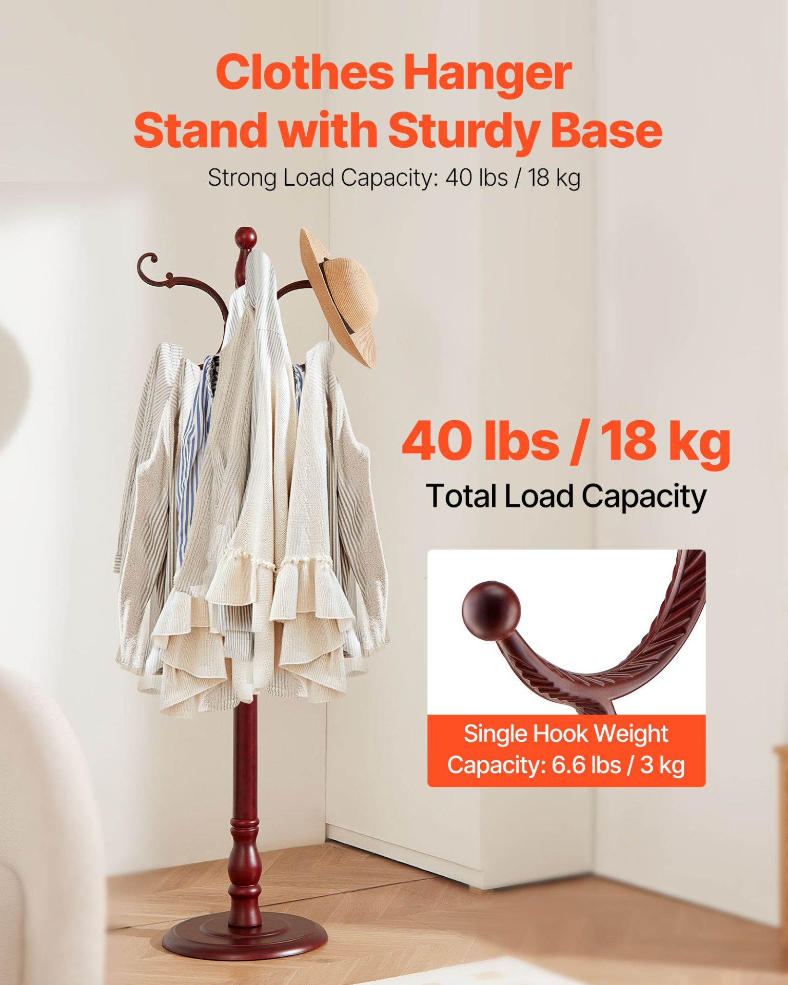 Freestanding Coat Rack Wooden Coat Tree with Stable Large Base & 11 Hooks