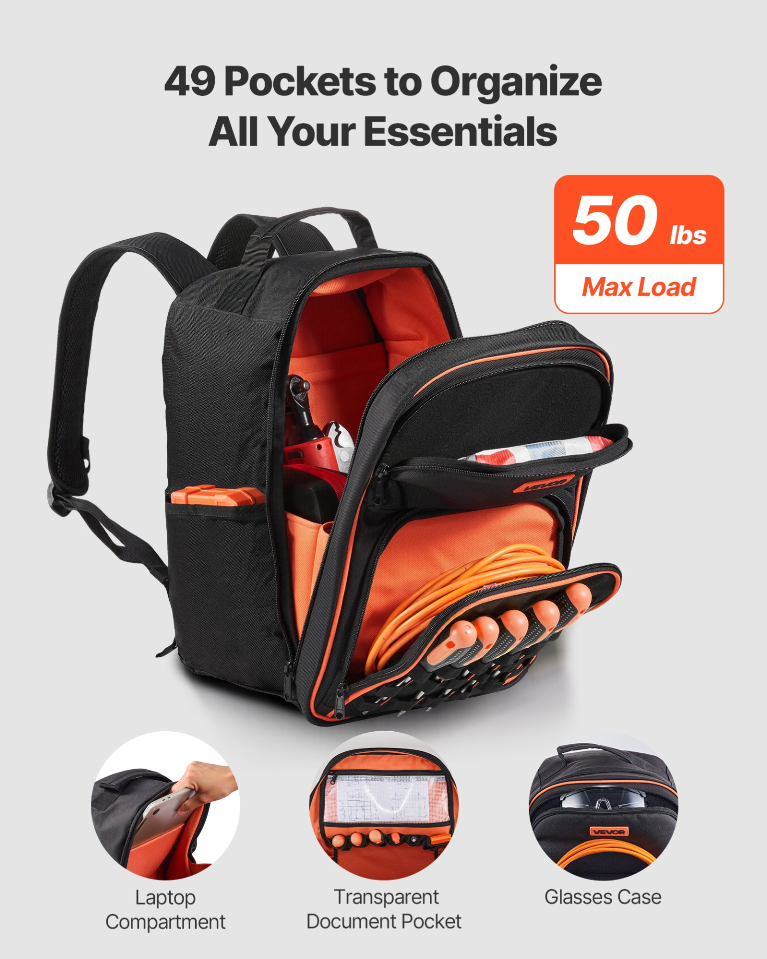Tool Backpack 49 Pockets Tear-resistant Jobsite Backpack for Electrician