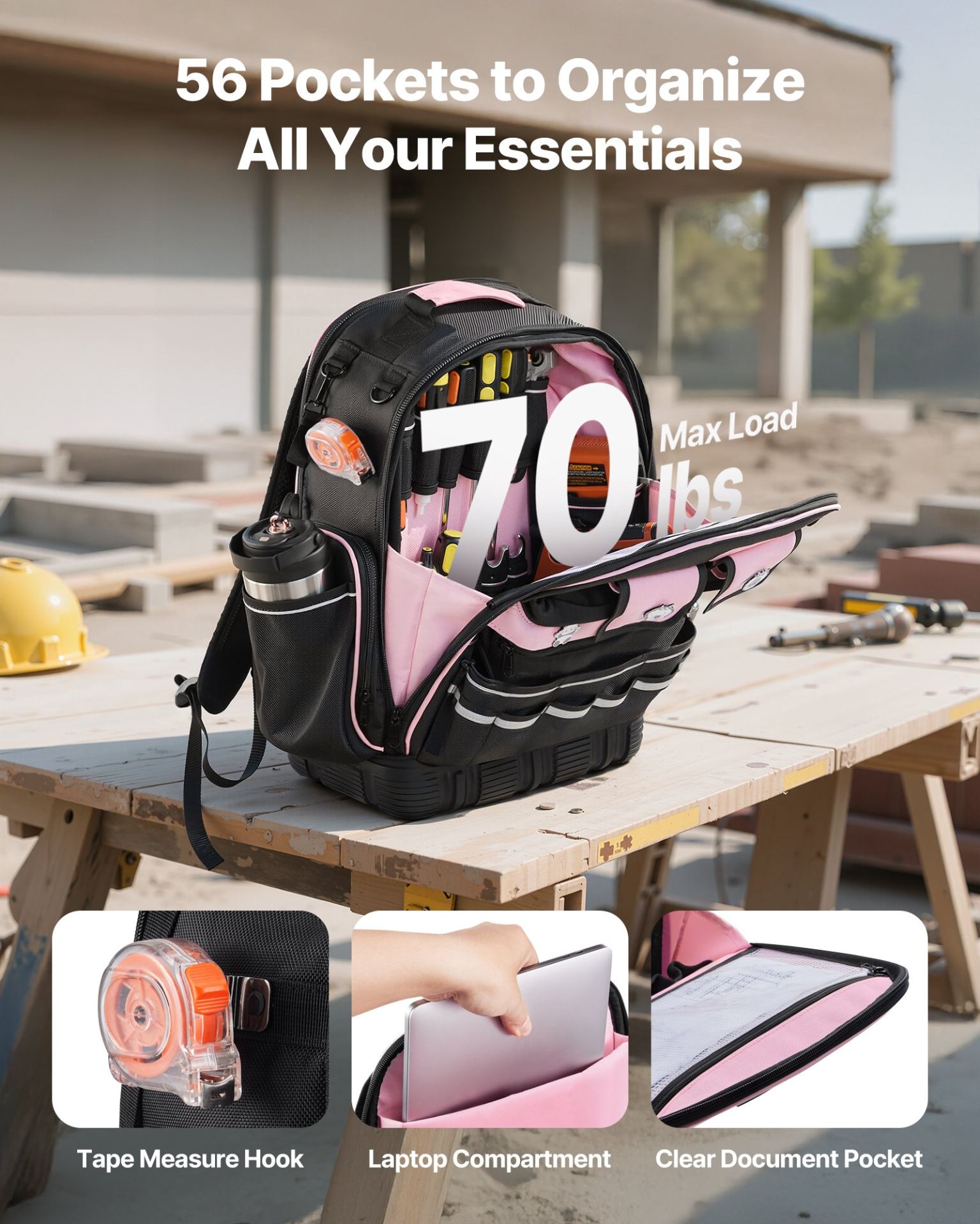 Tool Backpack 56 Pockets Tear-resistant Jobsite Backpack for Electrician