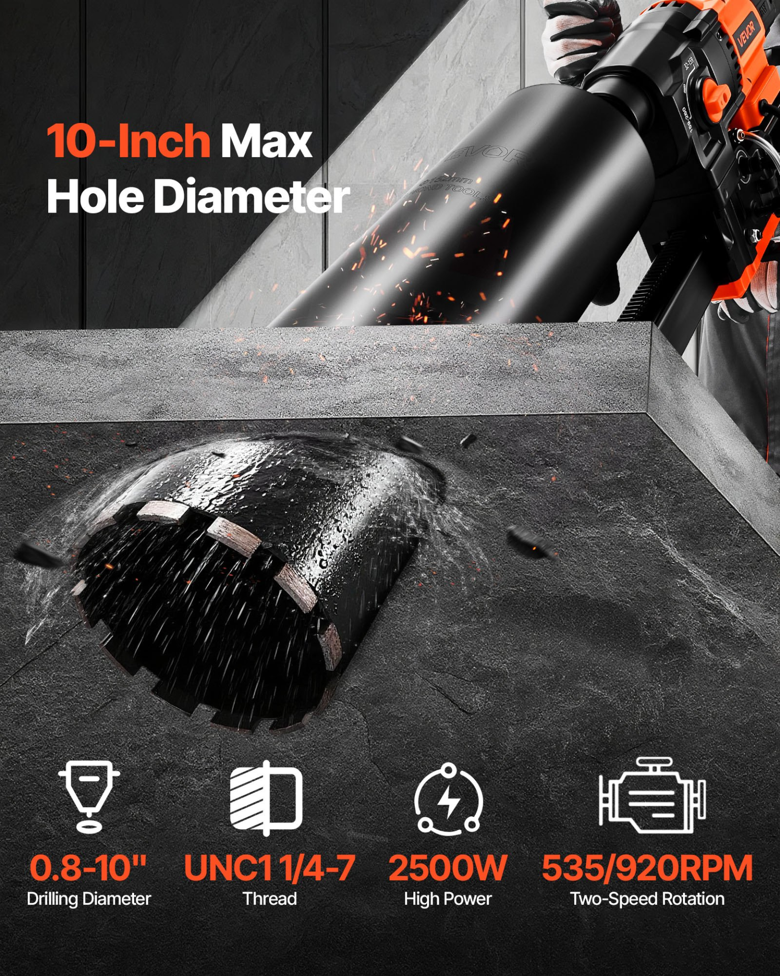 Diamond Core Drilling Machine, 0.8-10 in Drilling Diameter, 2500W