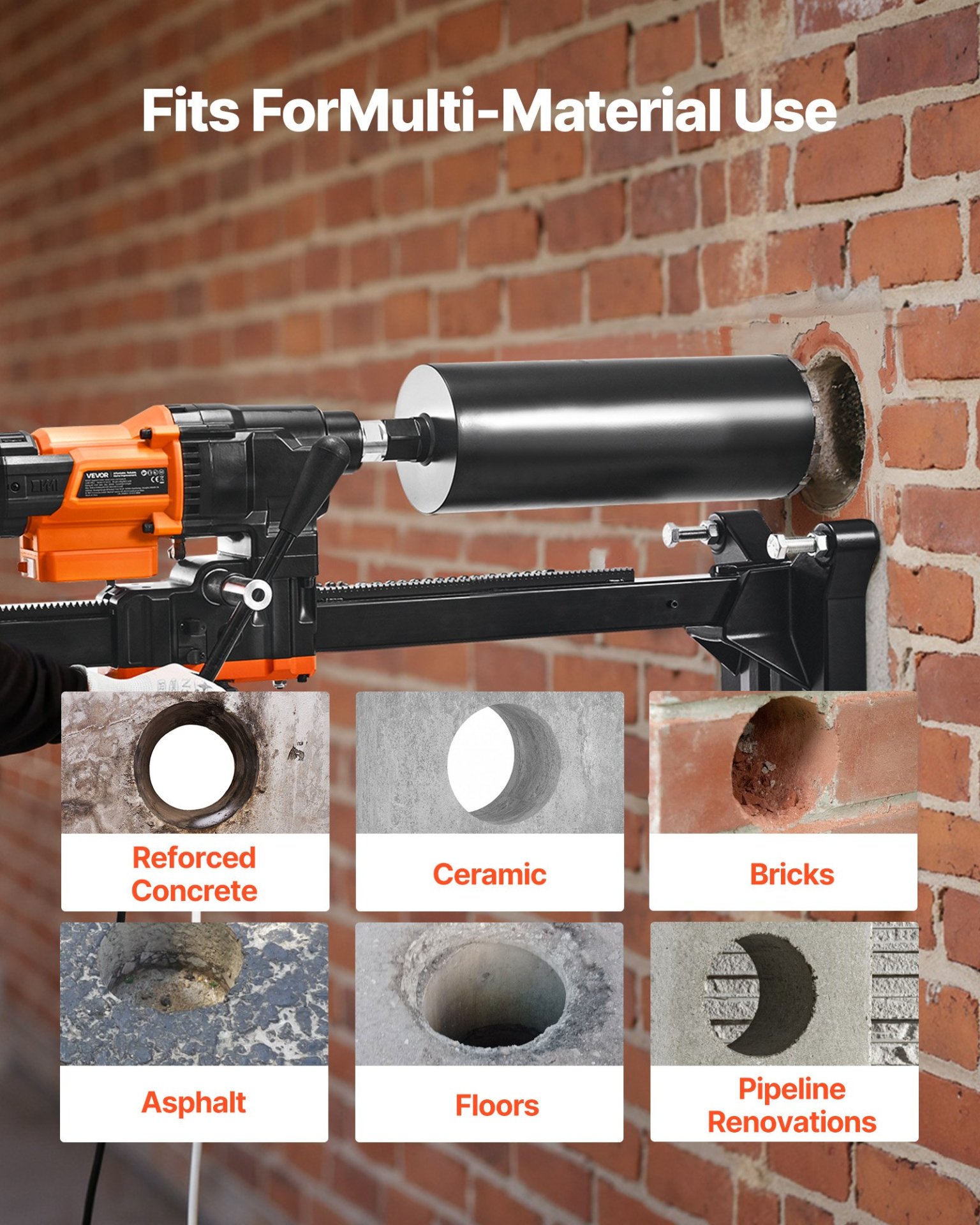 Diamond Core Drilling Machine, 0.8-10 in Drilling Diameter, 2500W