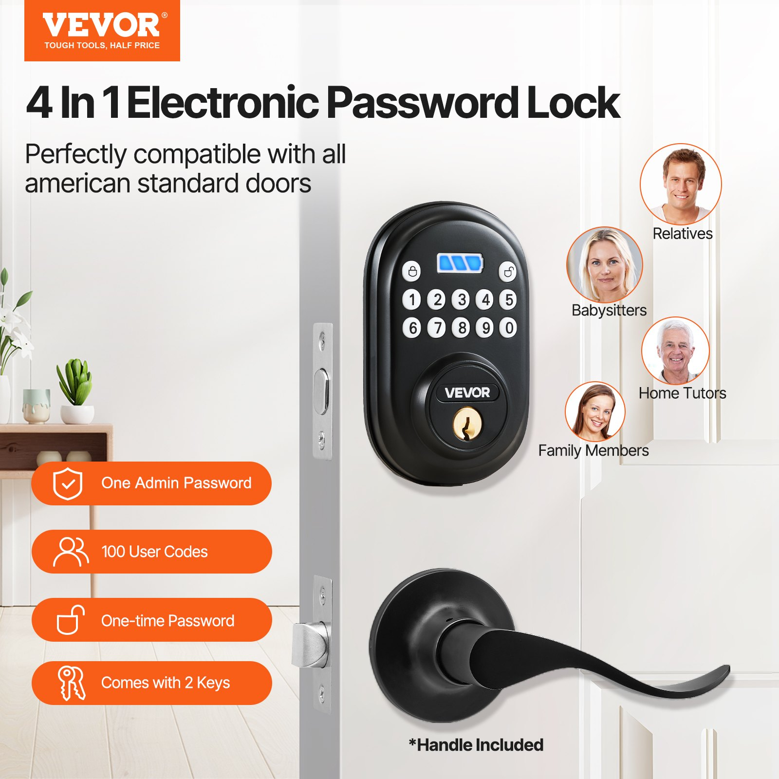 Keyless Entry Door Lock with Handle, Electronic Keypad Entry Lever, Matte Black