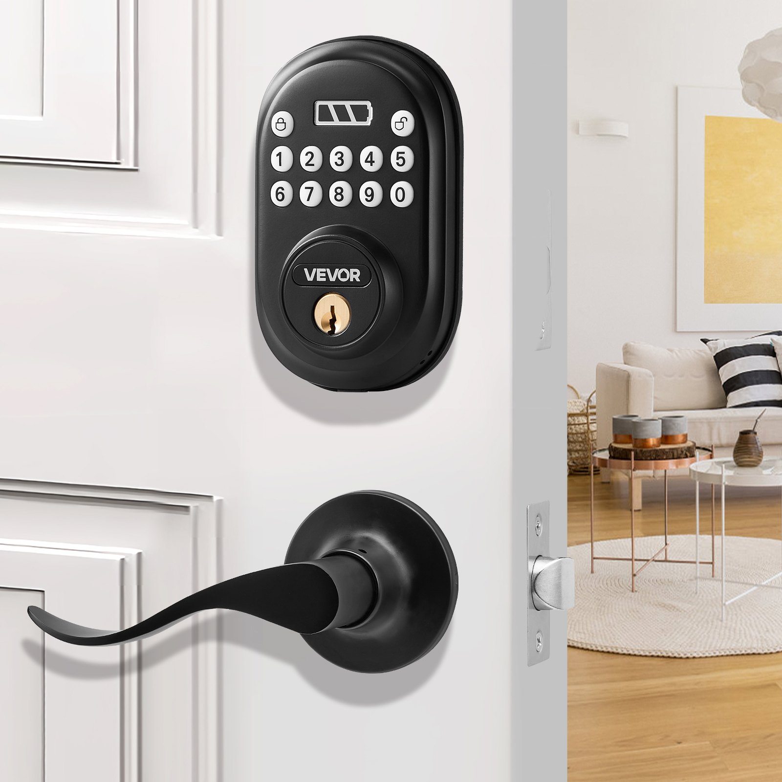 Keyless Entry Door Lock with Handle, Electronic Keypad Entry Lever, Matte Black