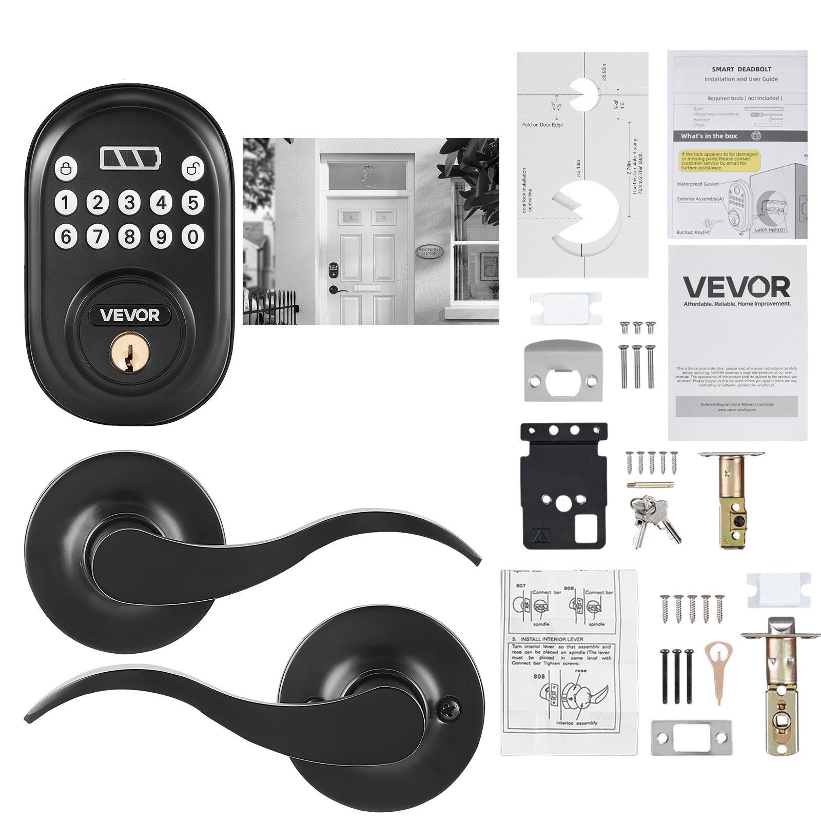 Keyless Entry Door Lock with Handle, Electronic Keypad Entry Lever, Matte Black