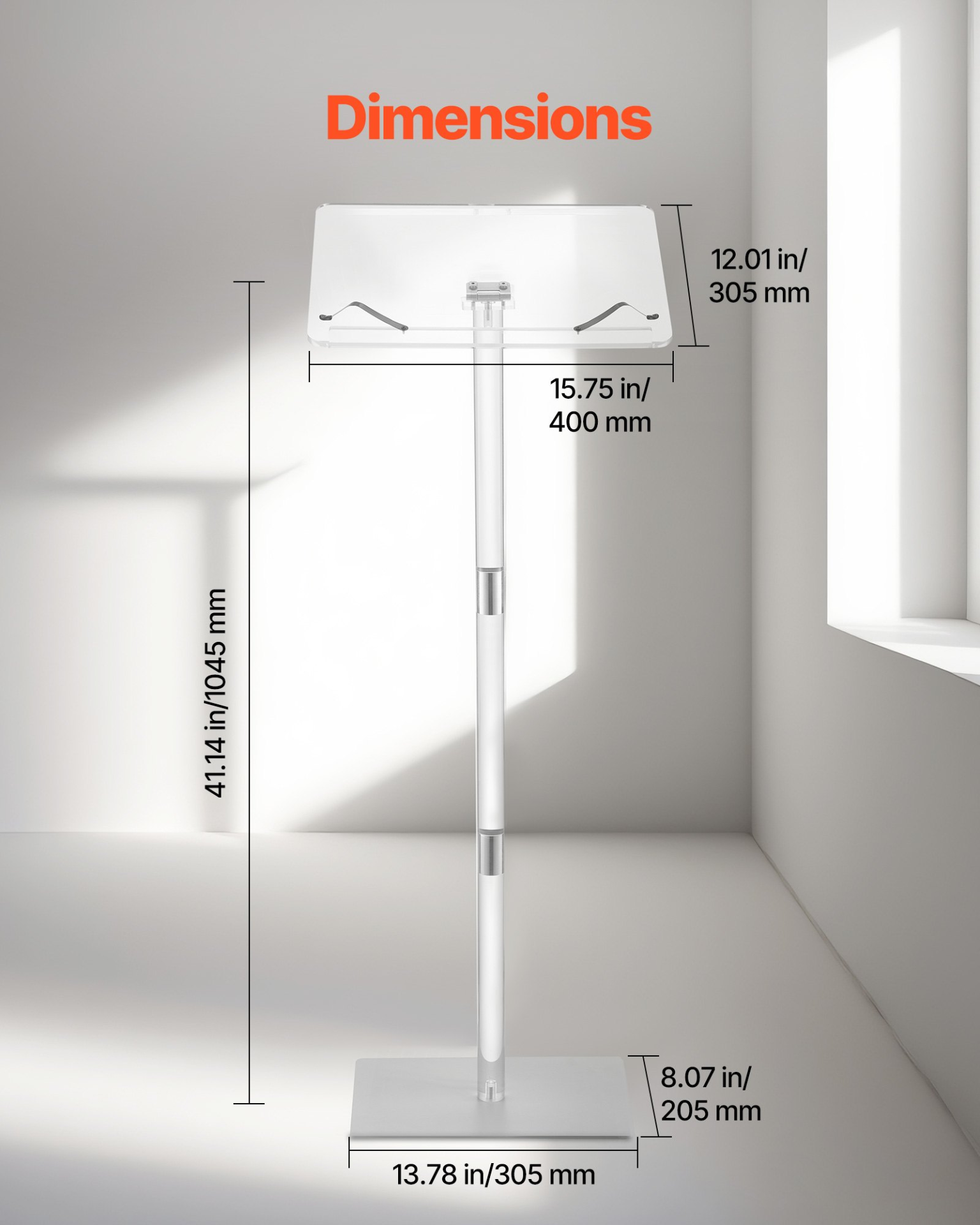 Podium Stand 43 in Acrylic Lectern Adjustable Angles with Metal Base Classroom