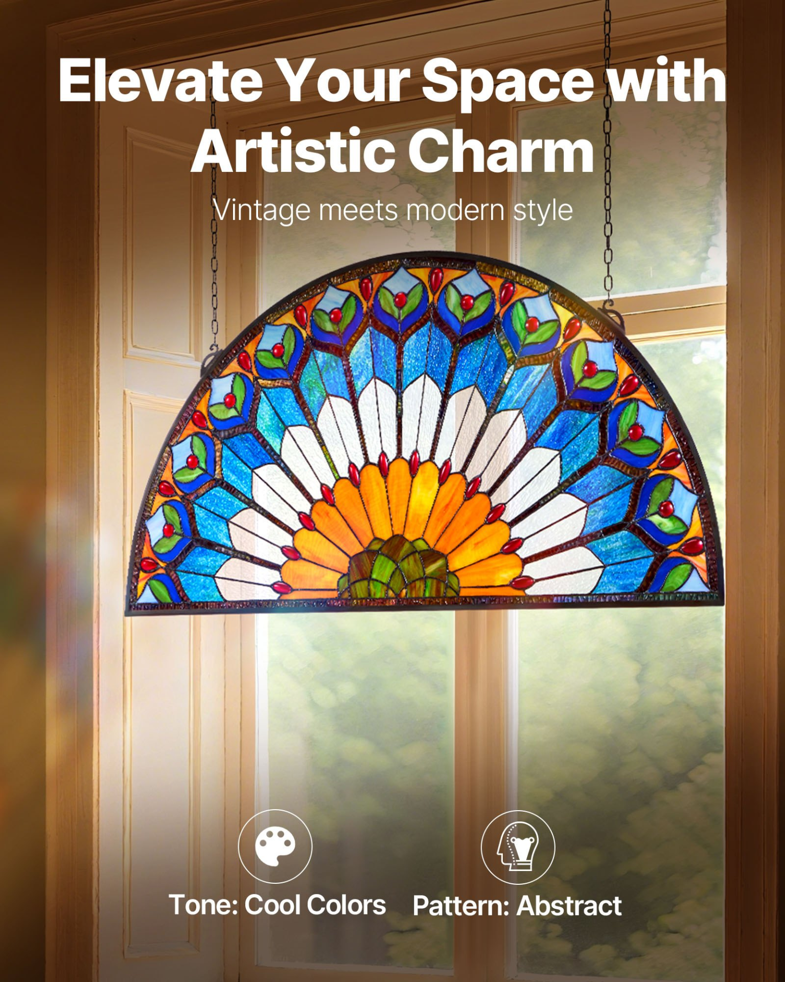Stained Glass Window Panel, 36 x 18 in, Tiffany Style Hanging Transom Window Pa
