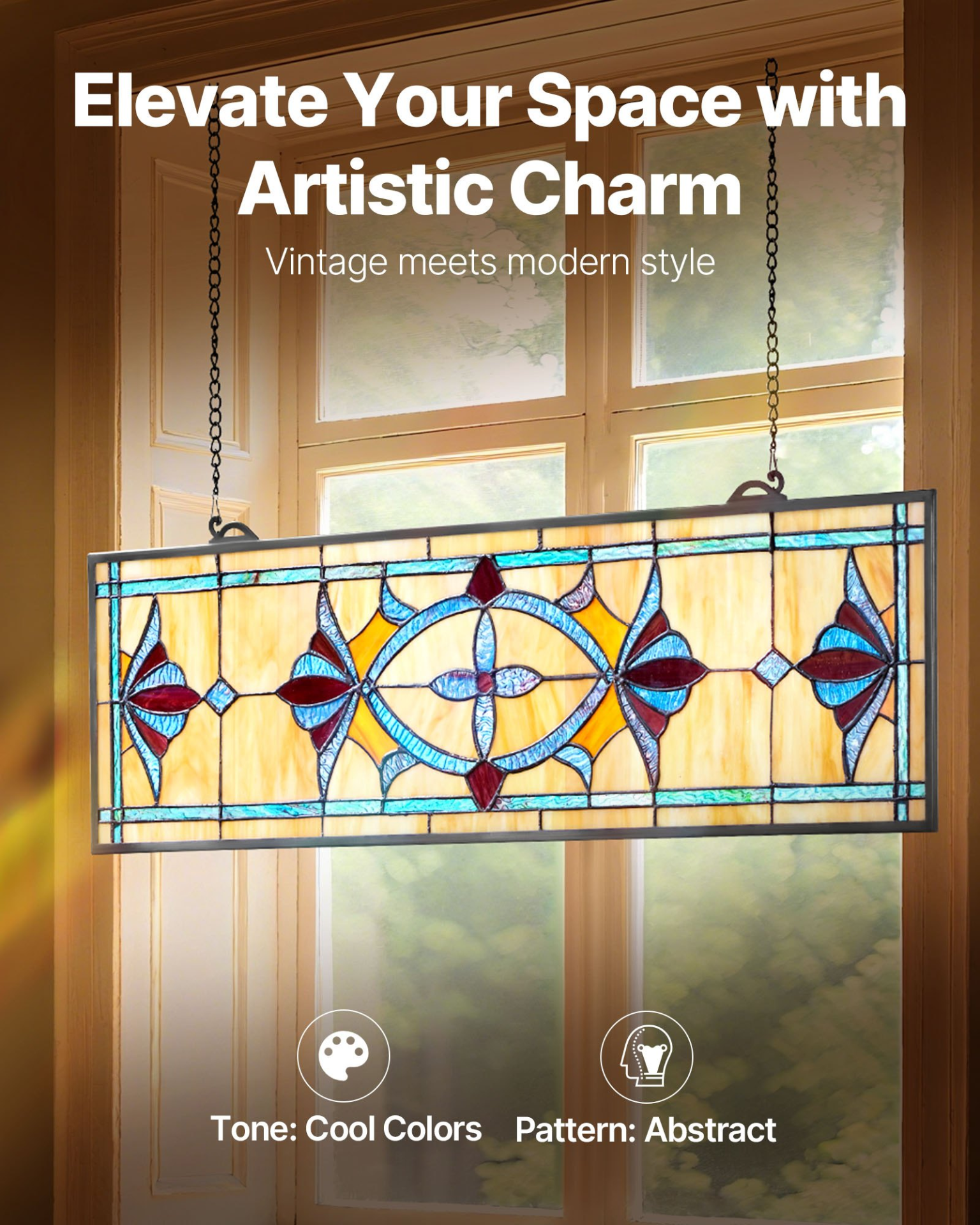 32x10" Tiffany Style Stained Glass Window Panel Hanging Transom Decor