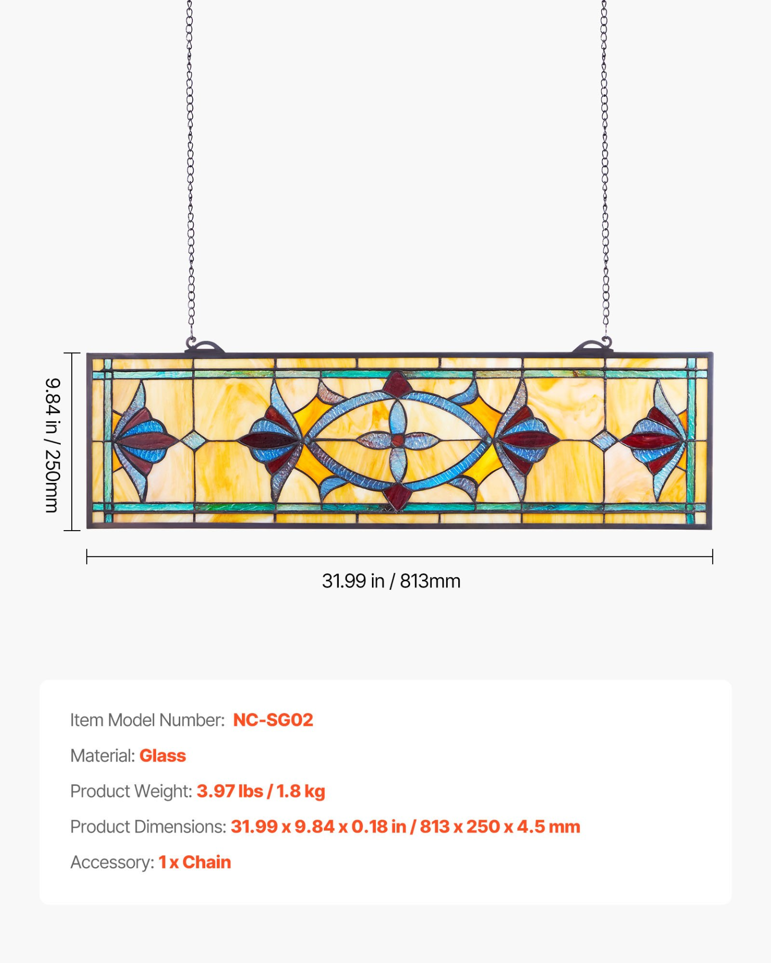 32x10" Tiffany Style Stained Glass Window Panel Hanging Transom Decor