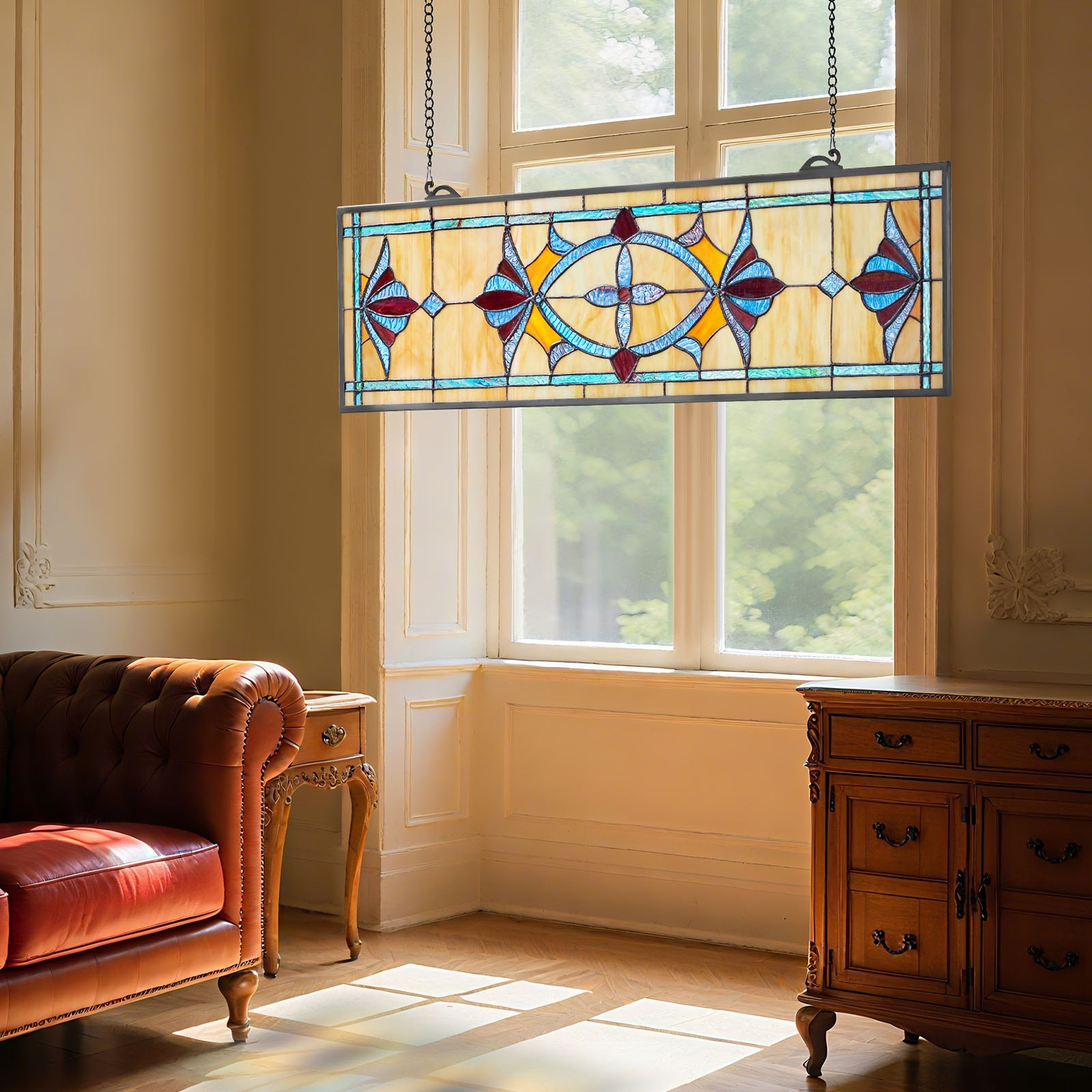 32x10" Tiffany Style Stained Glass Window Panel Hanging Transom Decor