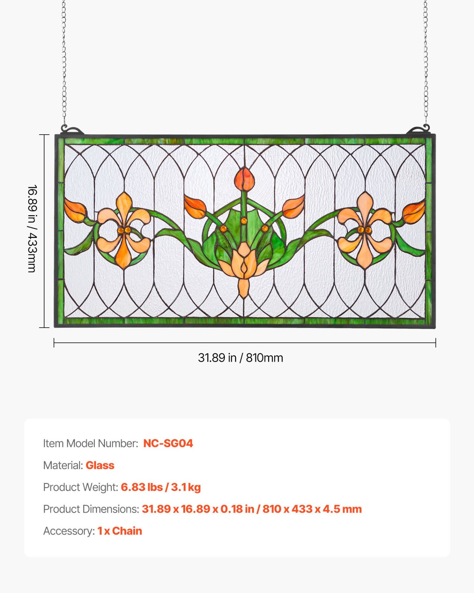 32x17" Tiffany Style Stained Glass Window Panel Hanging Transom Decor