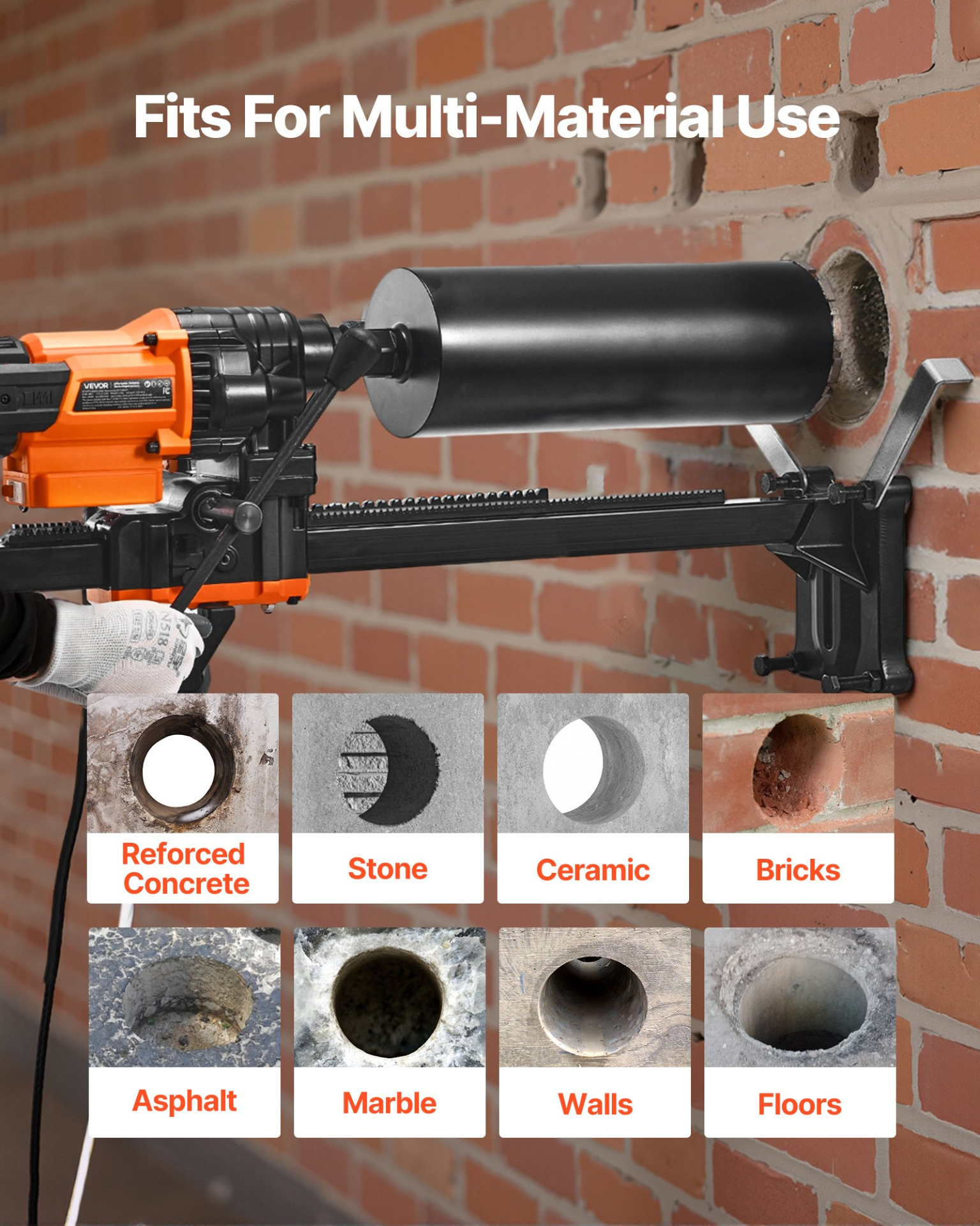Diamond Core Drilling Machine, 0.8-8 in Drilling Diameter, 3000W