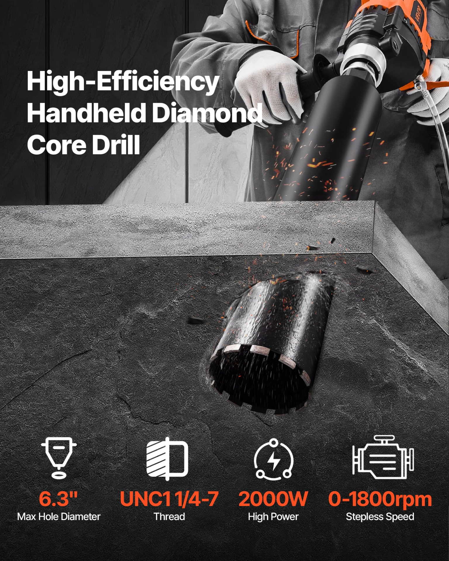 Diamond Core Drilling Machine, 0.8-6.3 in Drilling Diameter, 2000W