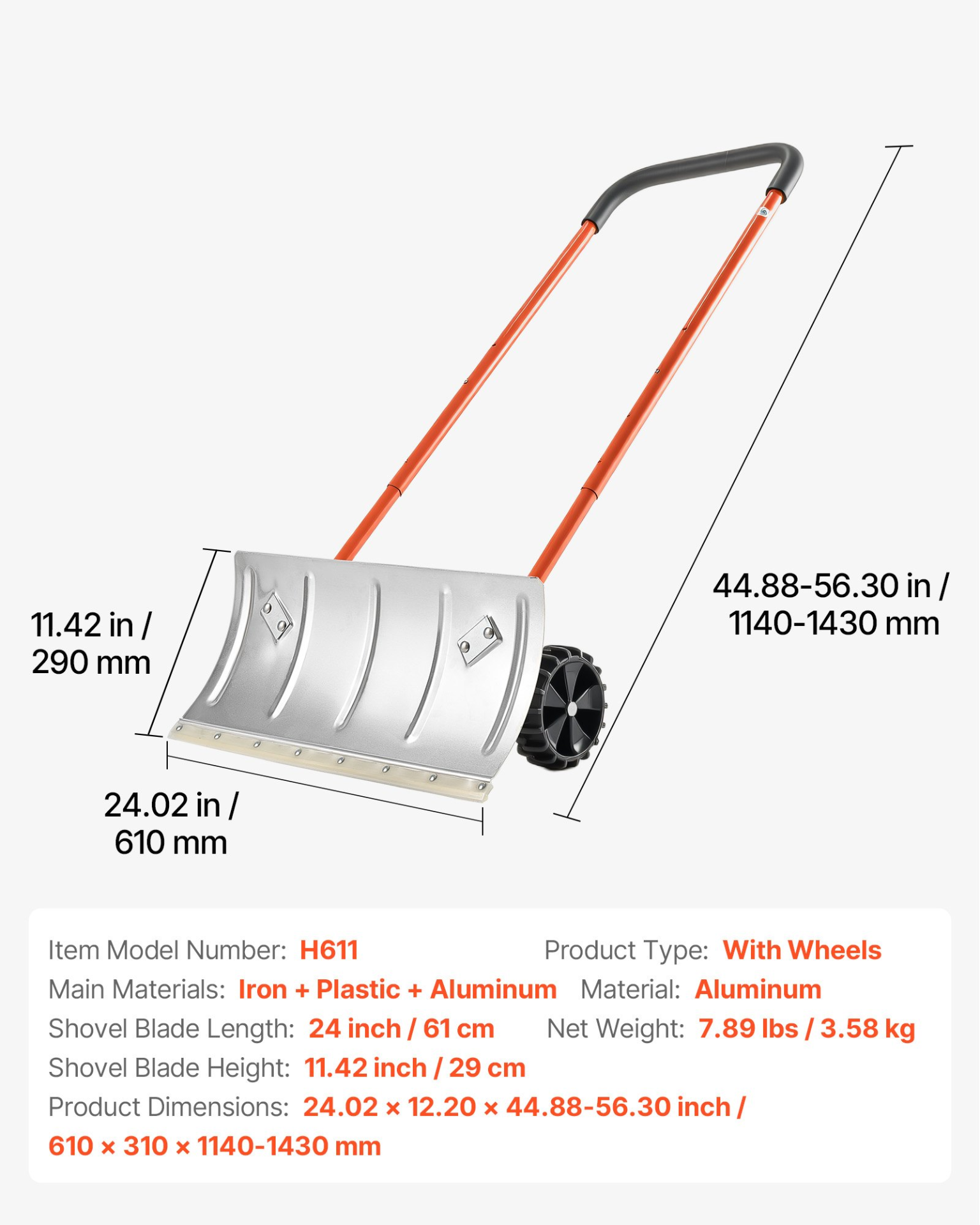 Winter Snow Pusher Shovel with Wheels 24 in Durable Metal Snow Plow for  Driveway | eBay