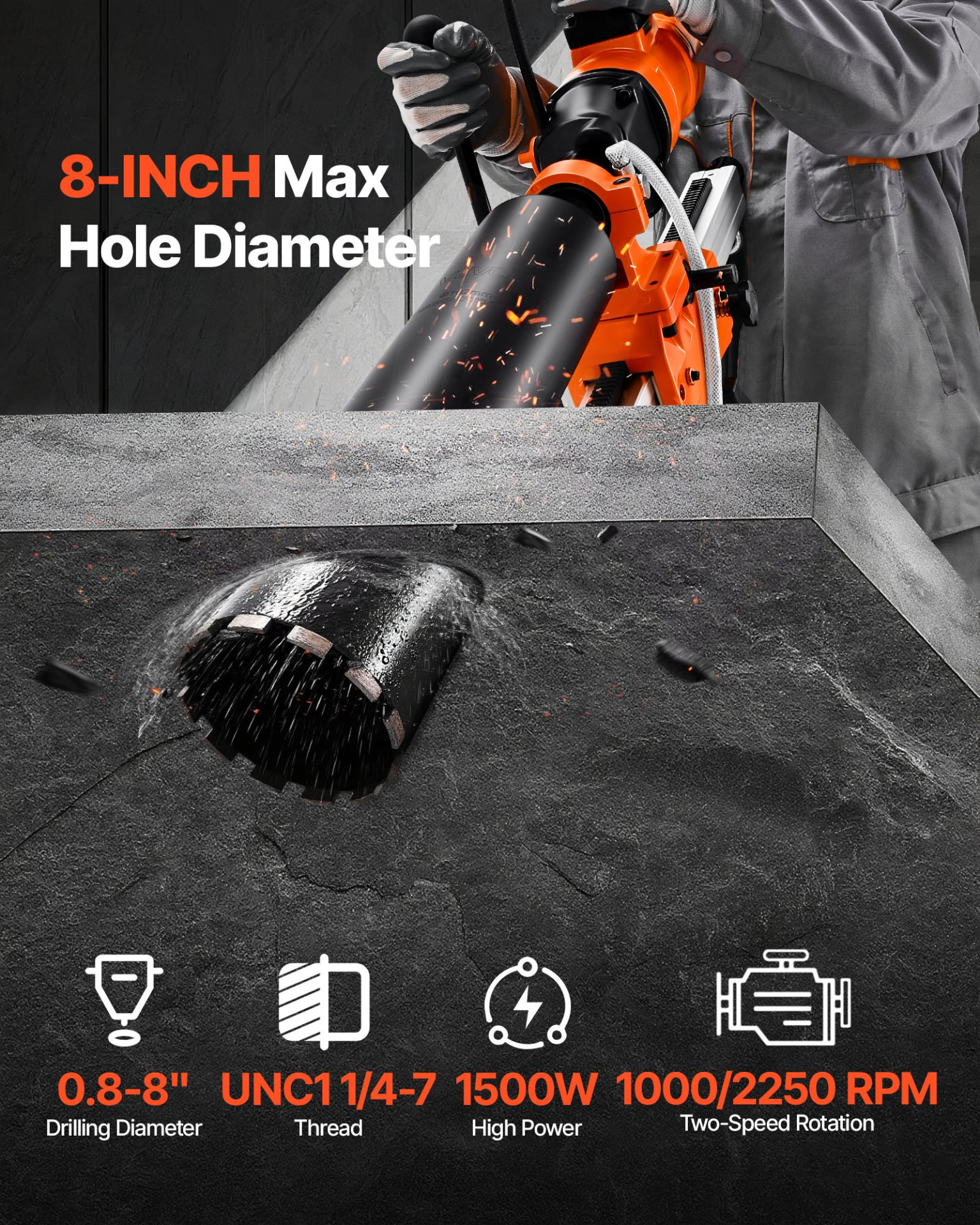 Diamond Core Drilling Machine, 8 in Drilling Diameter, 1800W