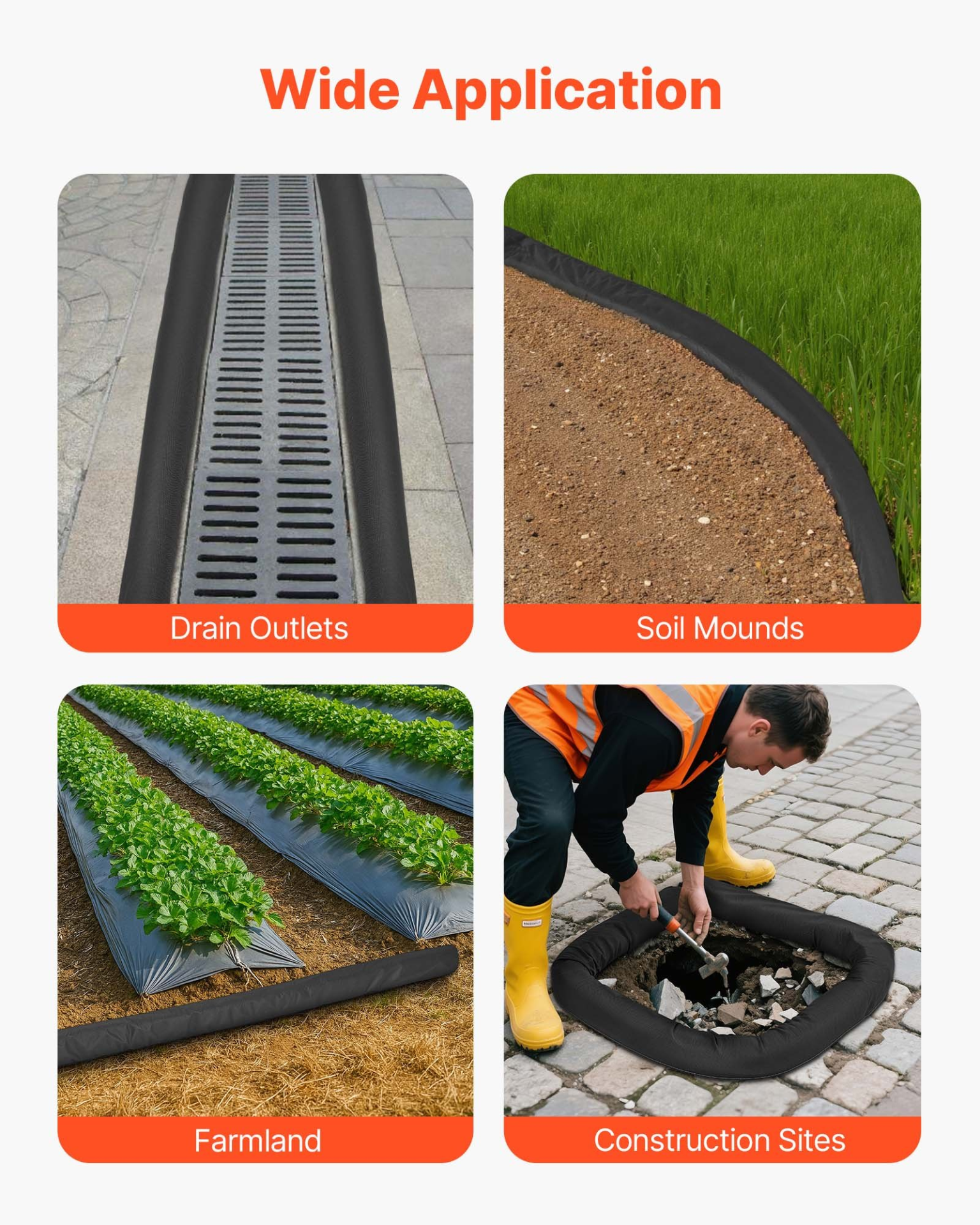 Sediment Filter Sock, Dia. 5 in x 10 ft L Coverage, Drainage Protection