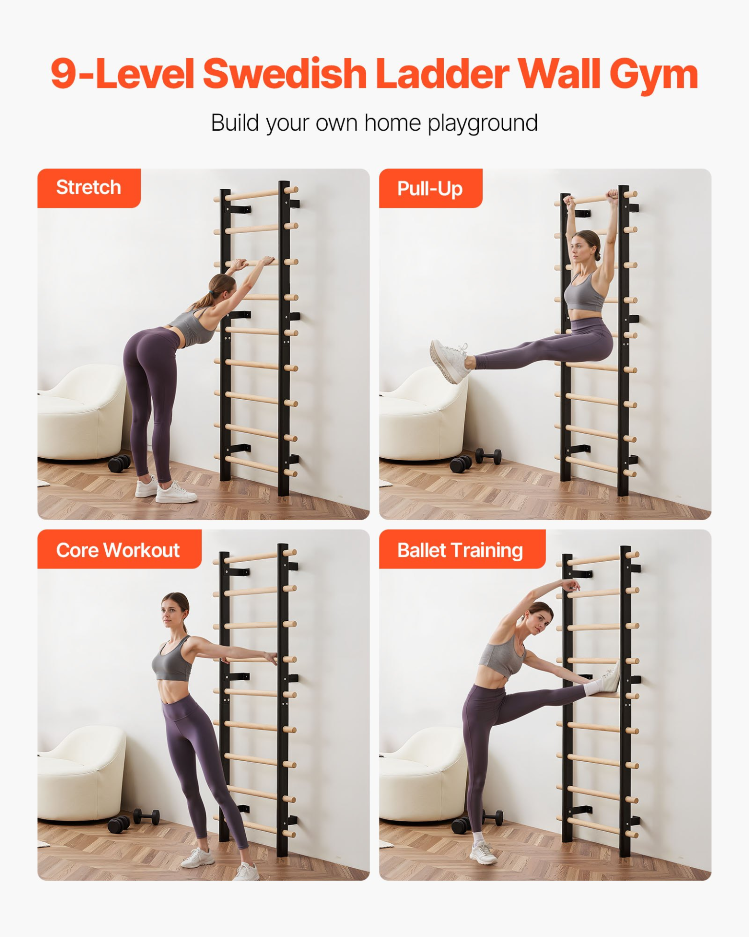 Swedish Ladder Wall Gym 9-Level 330LBS Swedish Ladder Suspension Trainer