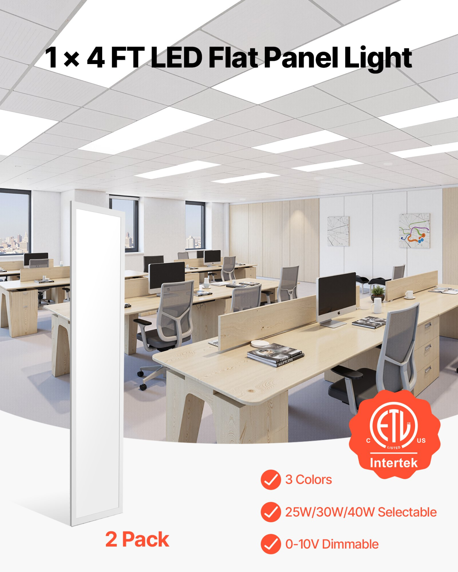 VEVOR 1x4 FT LED Flat Panel 5700LM Ceiling Light Fixture 3000K/4000K/5000K