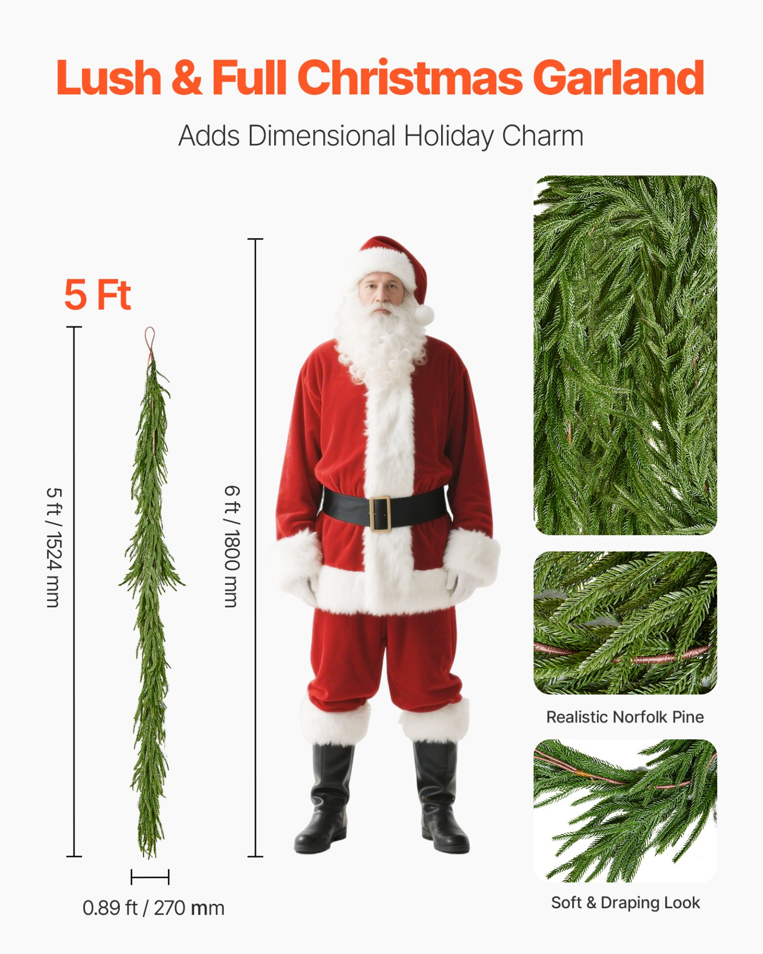 VEVOR Faux Norfolk Christmas Garland 5Ft Artificial Greenery Xmas Decor