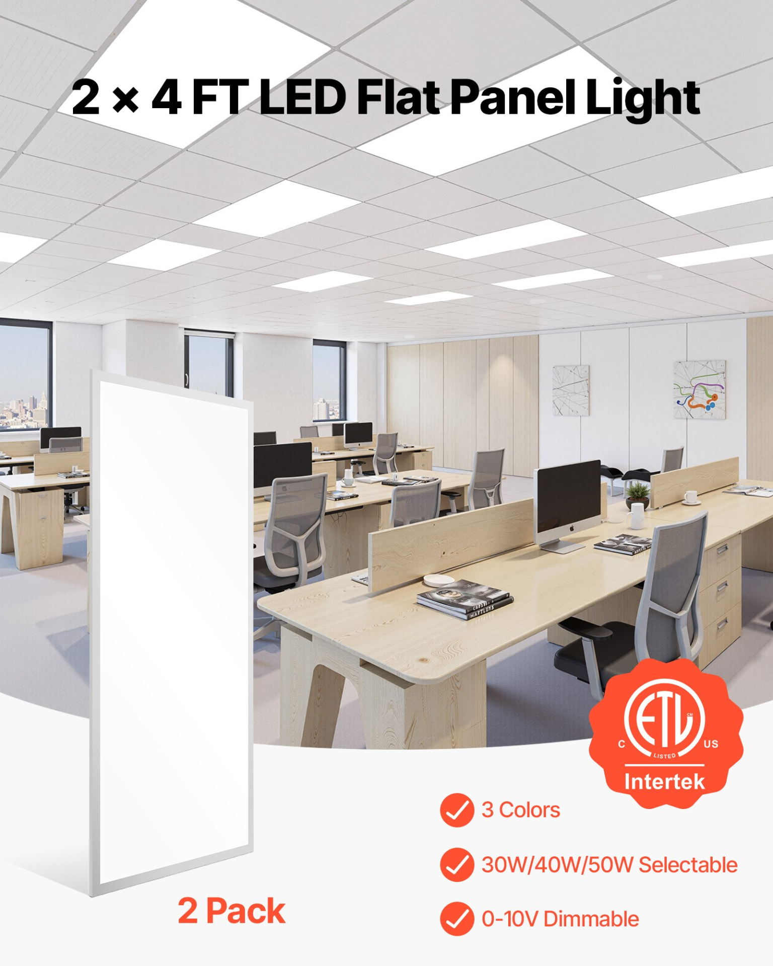 VEVOR 2x4 FT LED Flat Panel Light 7800LM Ceiling Light Fixture 4000K/5000K/6000K