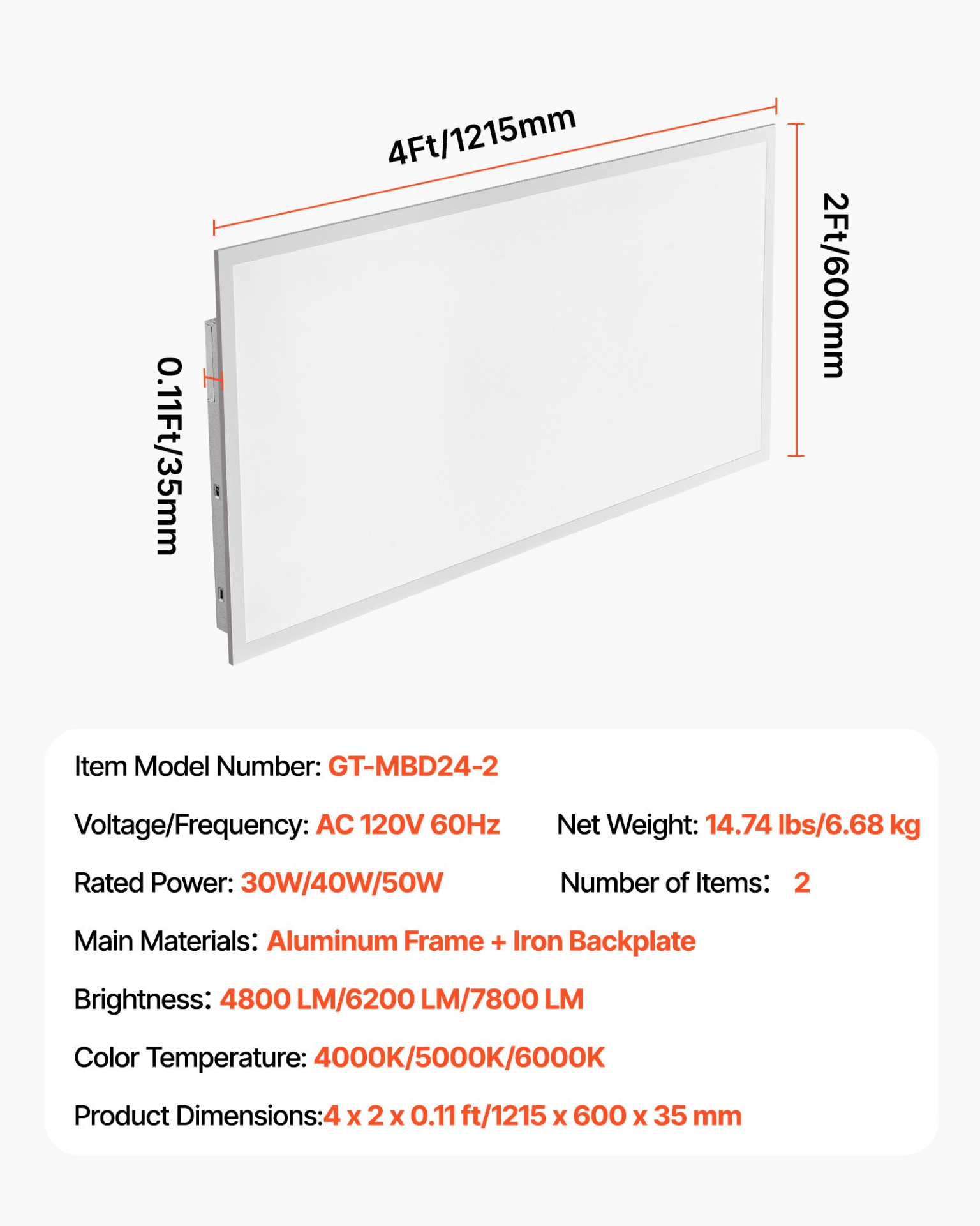 VEVOR 2x4 FT LED Flat Panel Light 7800LM Ceiling Light Fixture 4000K/5000K/6000K