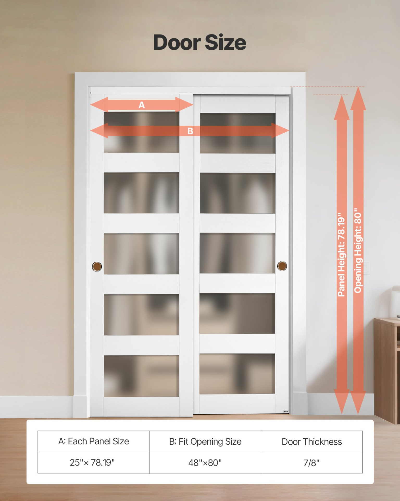 Sliding Closet Door 48″(Double 25″) x 80″ 5-Lite Frosted Glass Bypass Door