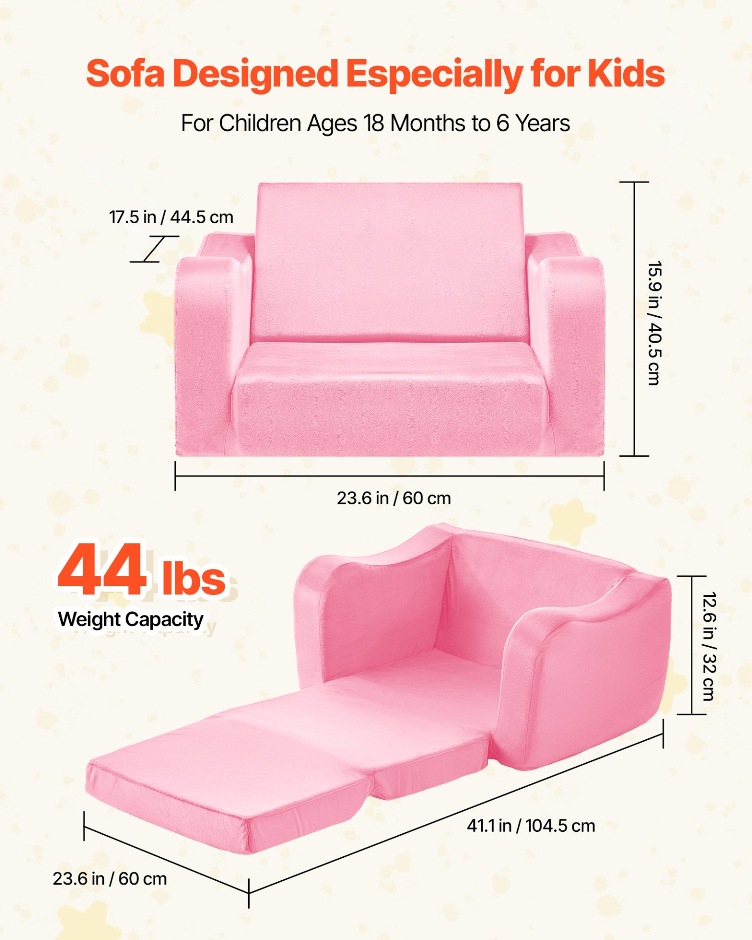 VEVOR 2-in-1 Kids Sofa Chair to Lounger Foldable Soft Couch Pink